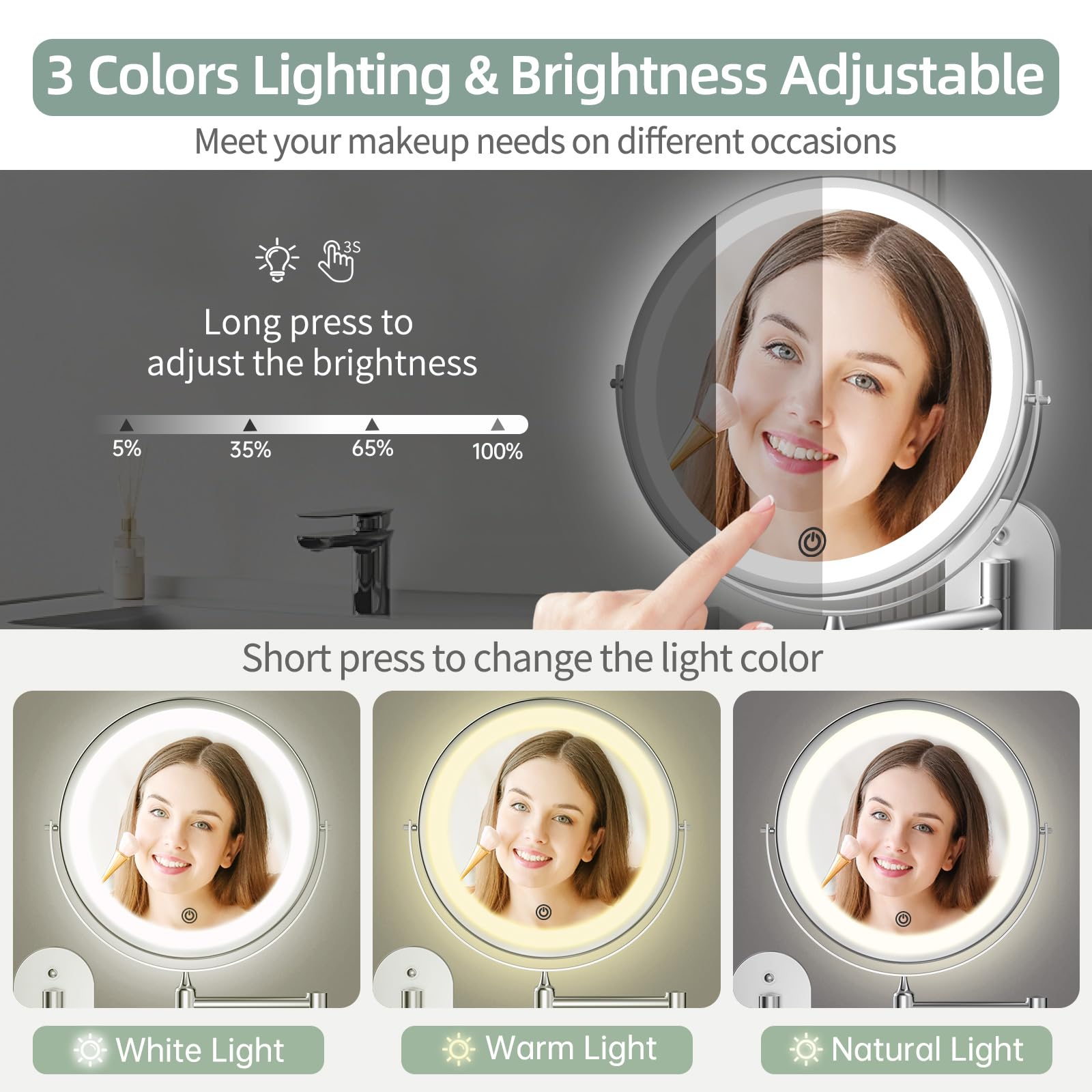 Rechargeable Wall Mounted Lighted Makeup Vanity Mirror 8 inch 1X/10X Magnifying Bathroom Mirror with 3 Color Lights, Double Sided with Dimmable LED Lights, Extended Arm 360° Swivel Extension Mirror