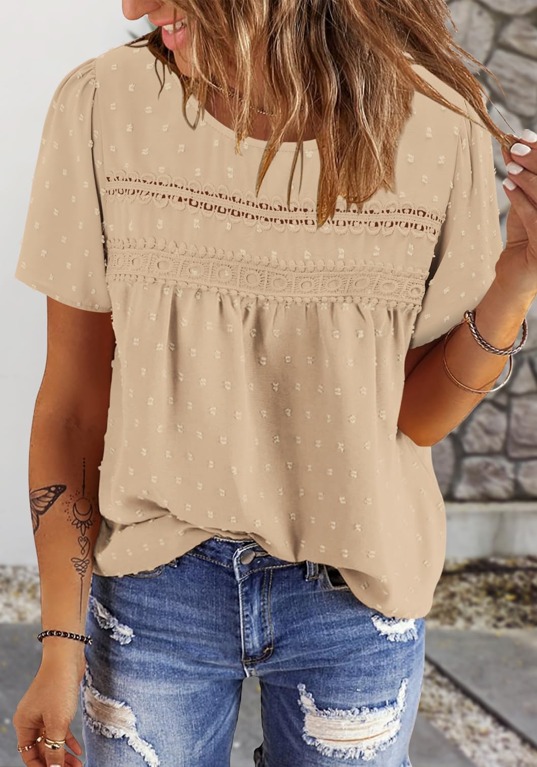 Women Summer Shirts Trendy Boho Lace Tops Short Sleeve Loose Casual Flowy Cute Blouses Ladies Crew Neck Cute Dressy Babydoll Western Blouse Apricot Large