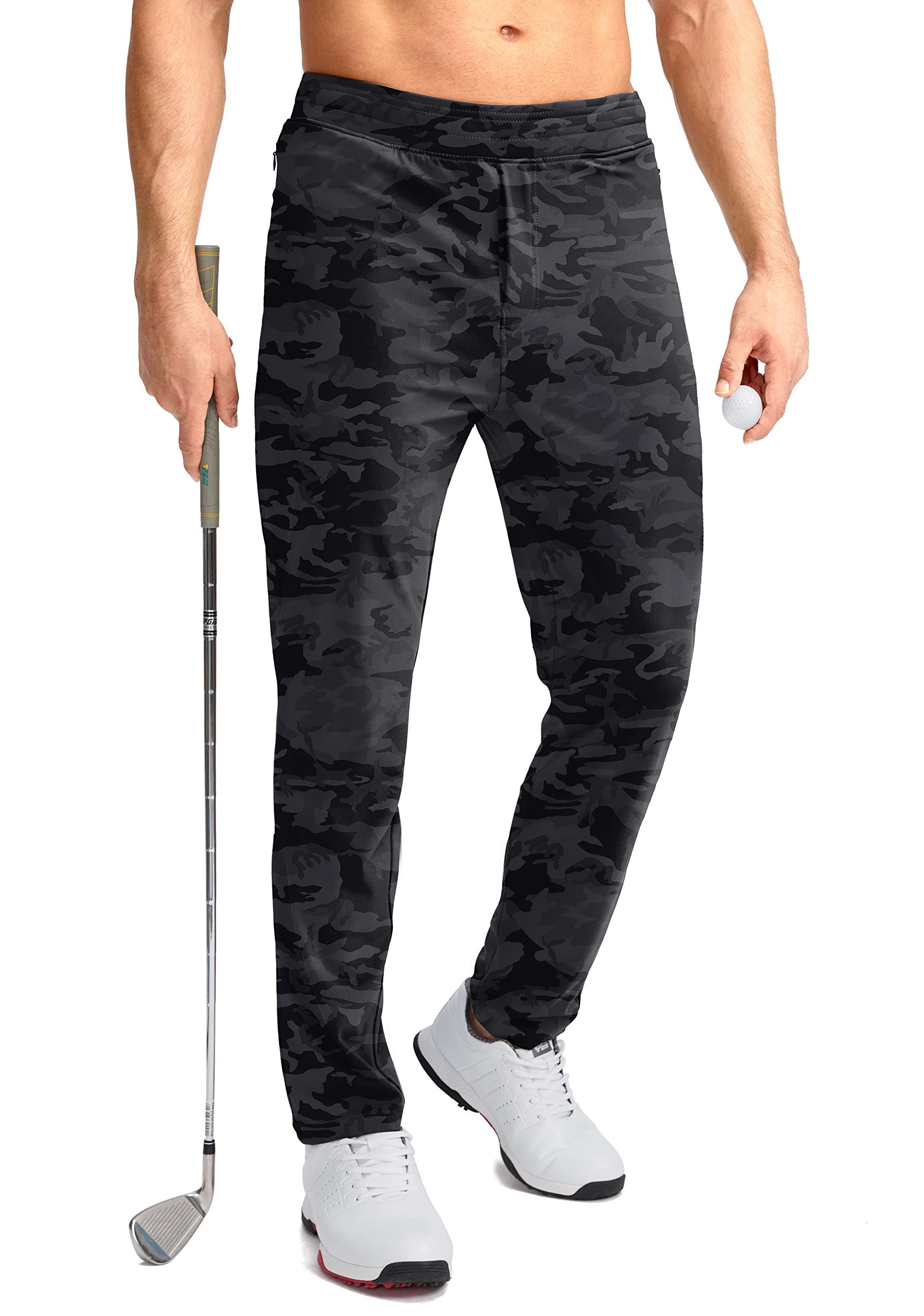 Pudolla Men's Golf Pants Stretch Sweatpants with Zipper Pockets Slim Fit Work Casual Joggers Pants for Men (Grey Camo X-Large)