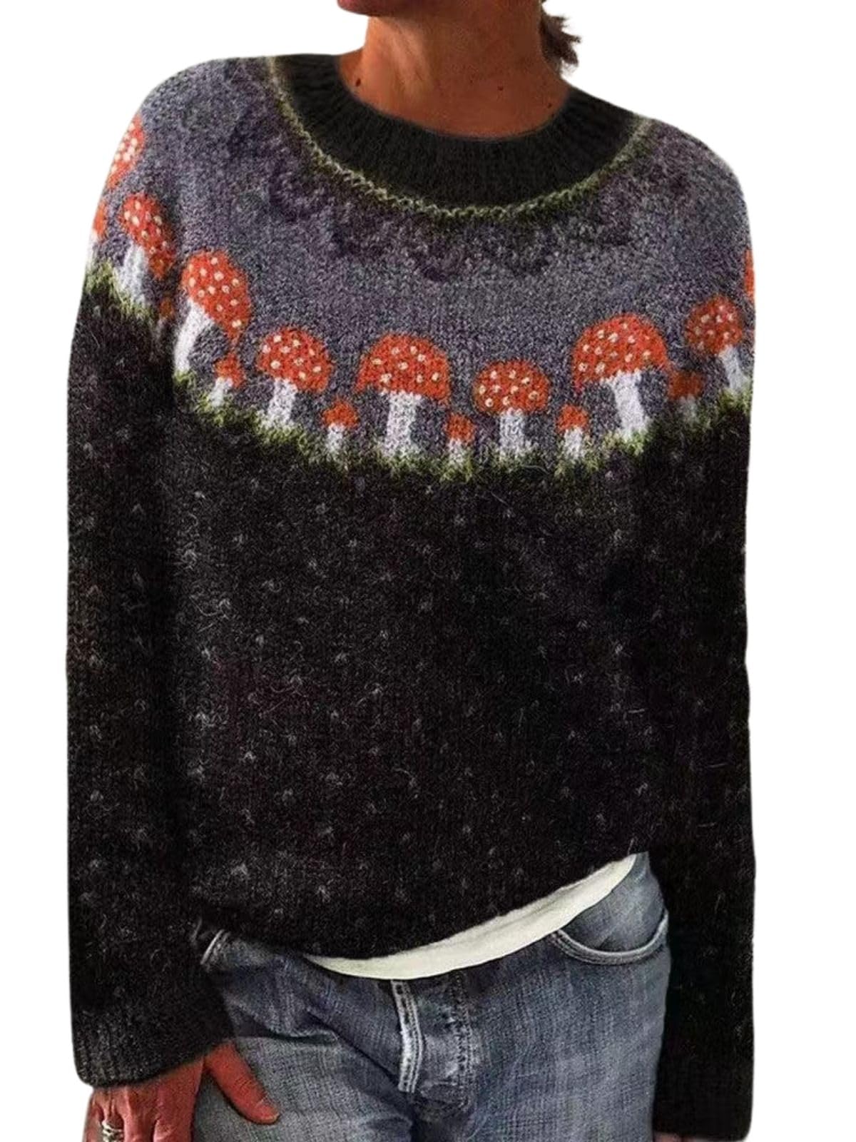 DMOYALA Women's Fair Isle Sweater Mushroom Black Long Sleeve Boat Neck Lightweight Cropped Pullover Tops 2024 Fall Fashion Vintage Casual Fit Knitted Sweater Tops for Winter Christmas