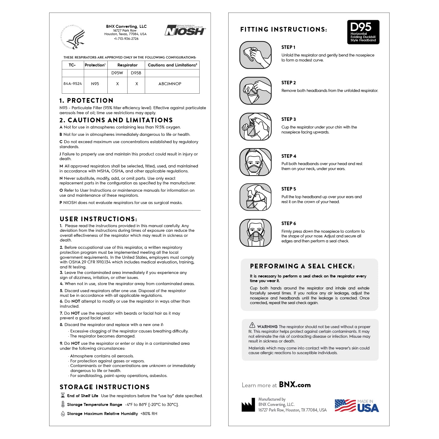 BNX N95 Mask NIOSH Certified MADE IN USA Duckbill Style Particulate Respirator Protective Mask (20-Pack, Approval Number TC-84A-9524 / Model D95B) Black
