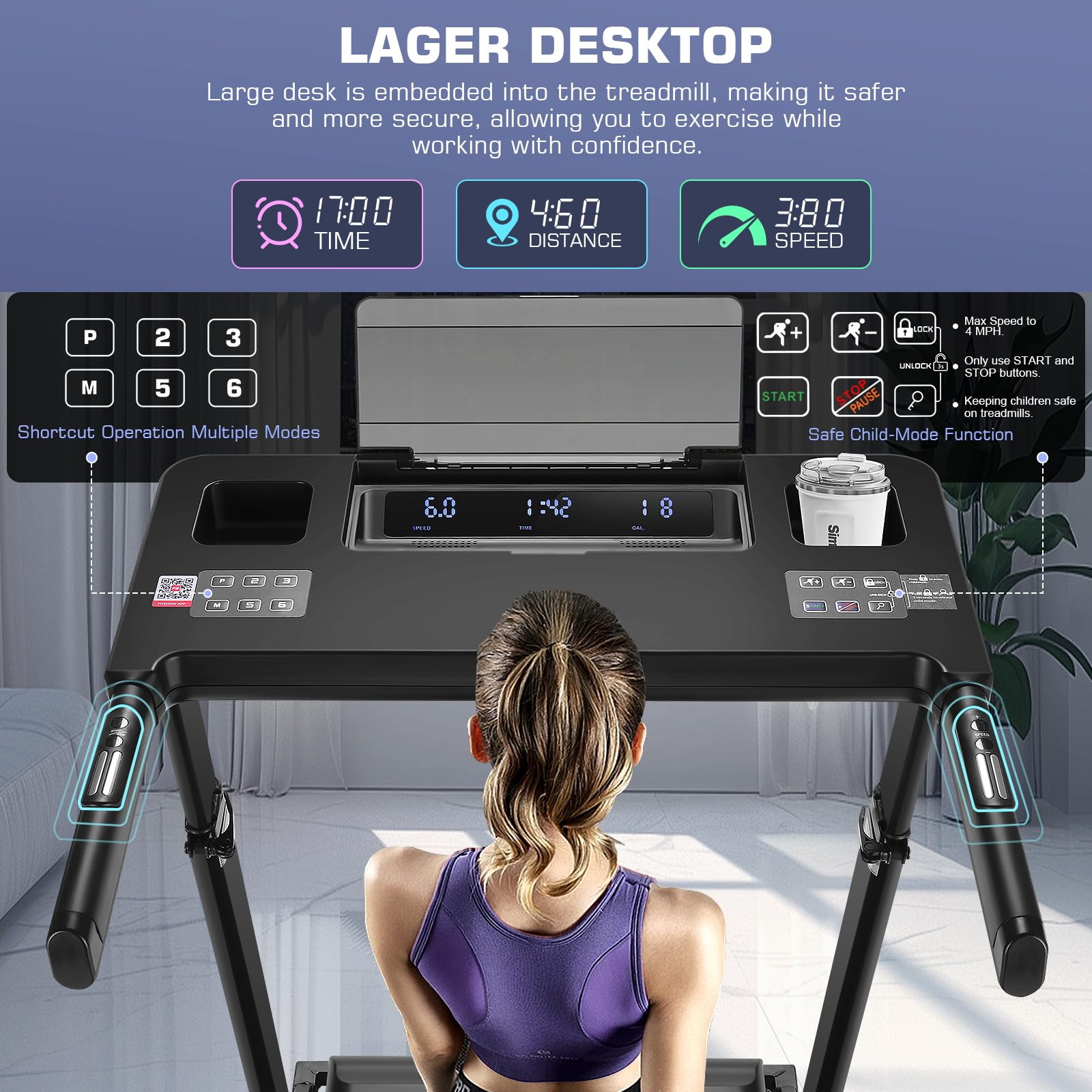 Treadmill with Desk Workstation & Adjustable Height, 350 LBS Weight Capacity, Folding Treadmill with 3 Level Incline, Bluetooth Speaker & App, Portable 3.5HP Walking Pad with Desktop for Home Office