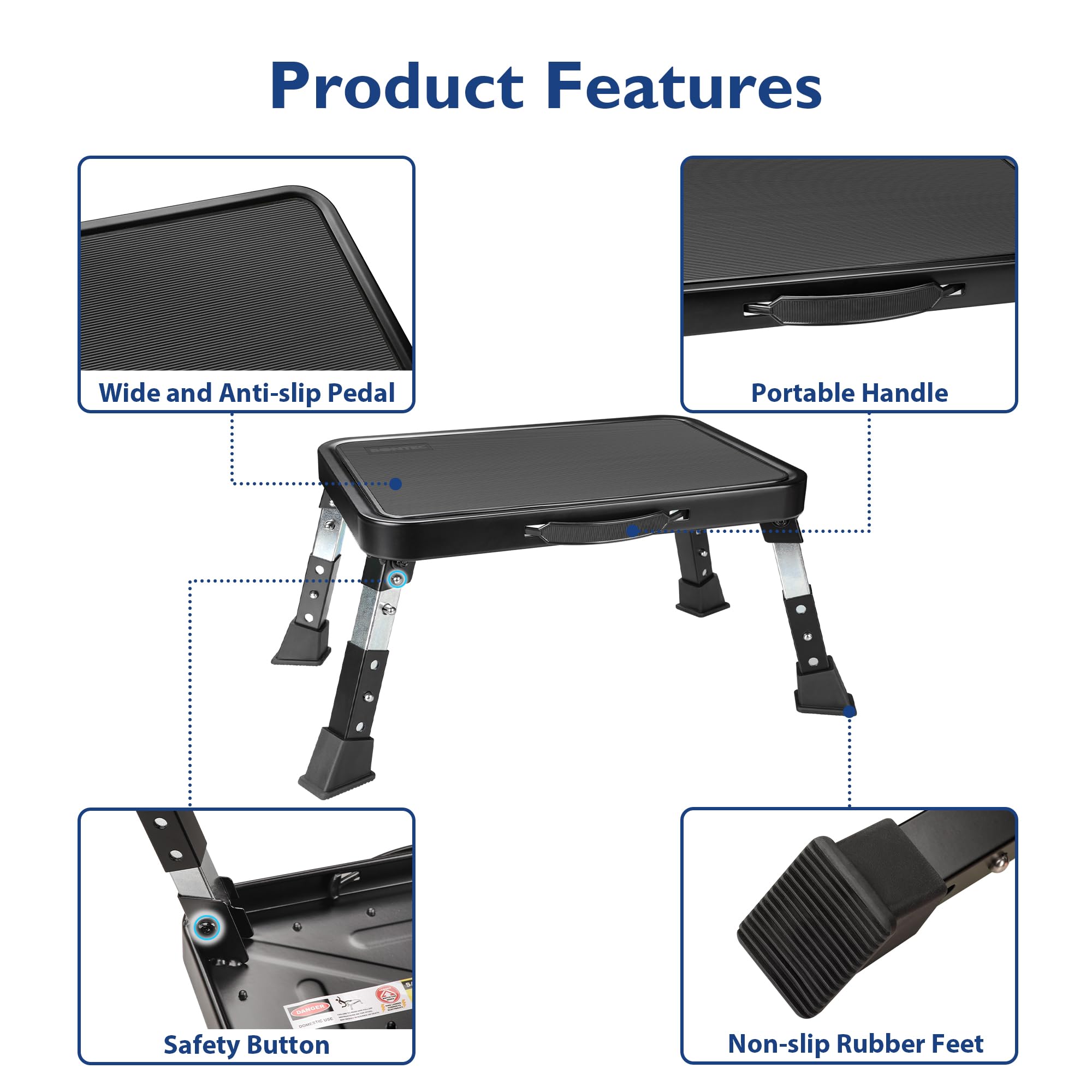 BONTEC 3-Level Height Adjustable Folding One Step Stool with Anti-Slip Platform and Thick Rubber Feet, Portable Ladder for Adults and Children, Max up to 330lbs, Ideal for Kitchen, RV Use, Black