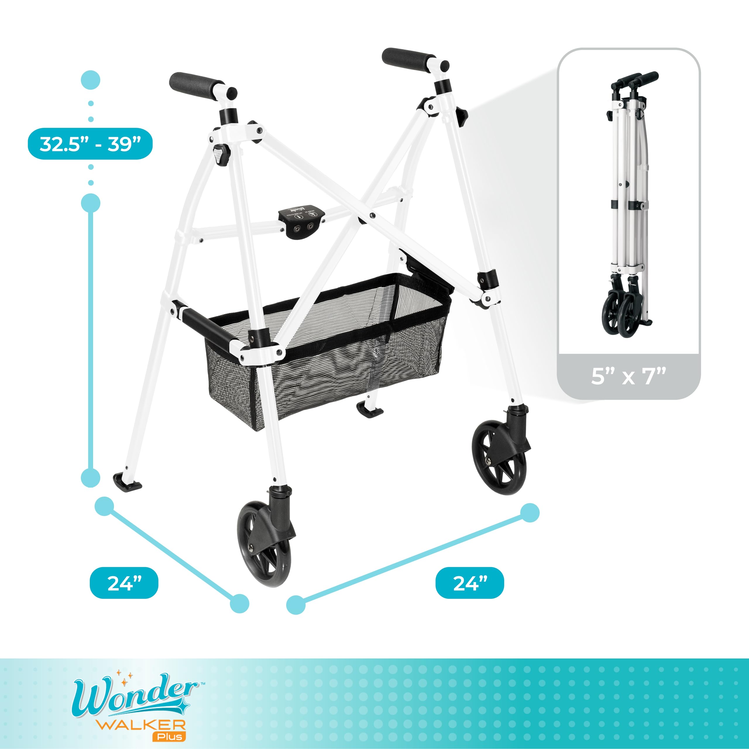 Stander Wonder Walker Plus, Lightweight Folding Mobility Aid for Adults, Seniors, and Elderly, Collapsible Travel EZ Fold-N-Go with Wheels, Glides, & Basket, Vivid White