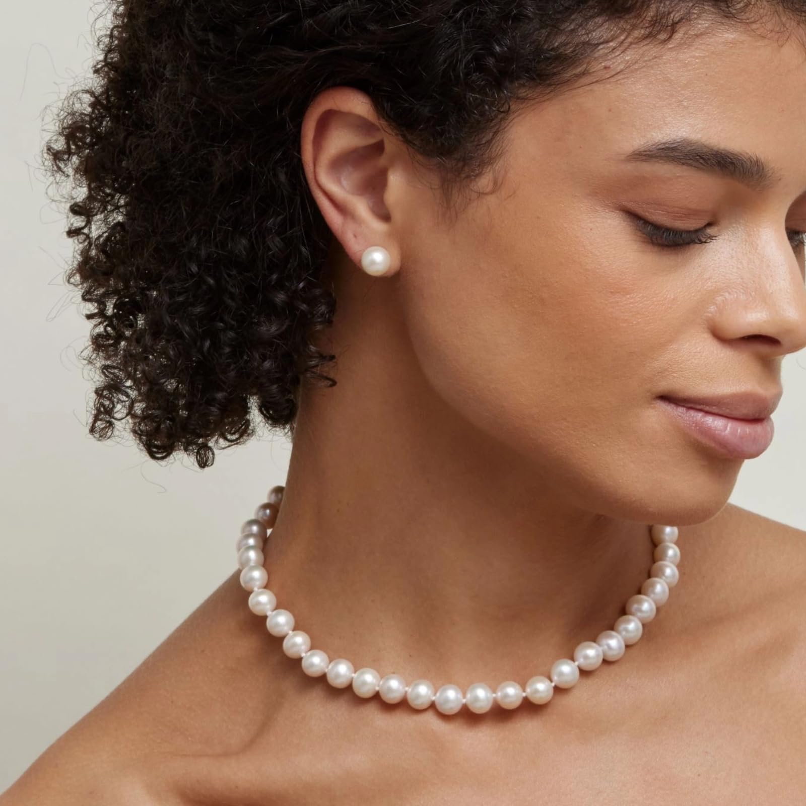 The Pearl Source Real Pearl Necklace & Earrings for Women with 8.5-9.5mm AAAA Quality Round White Freshwater Genuine Cultured Pearl Strand Set with 14K Gold Clasp & Matching Stud Earrings