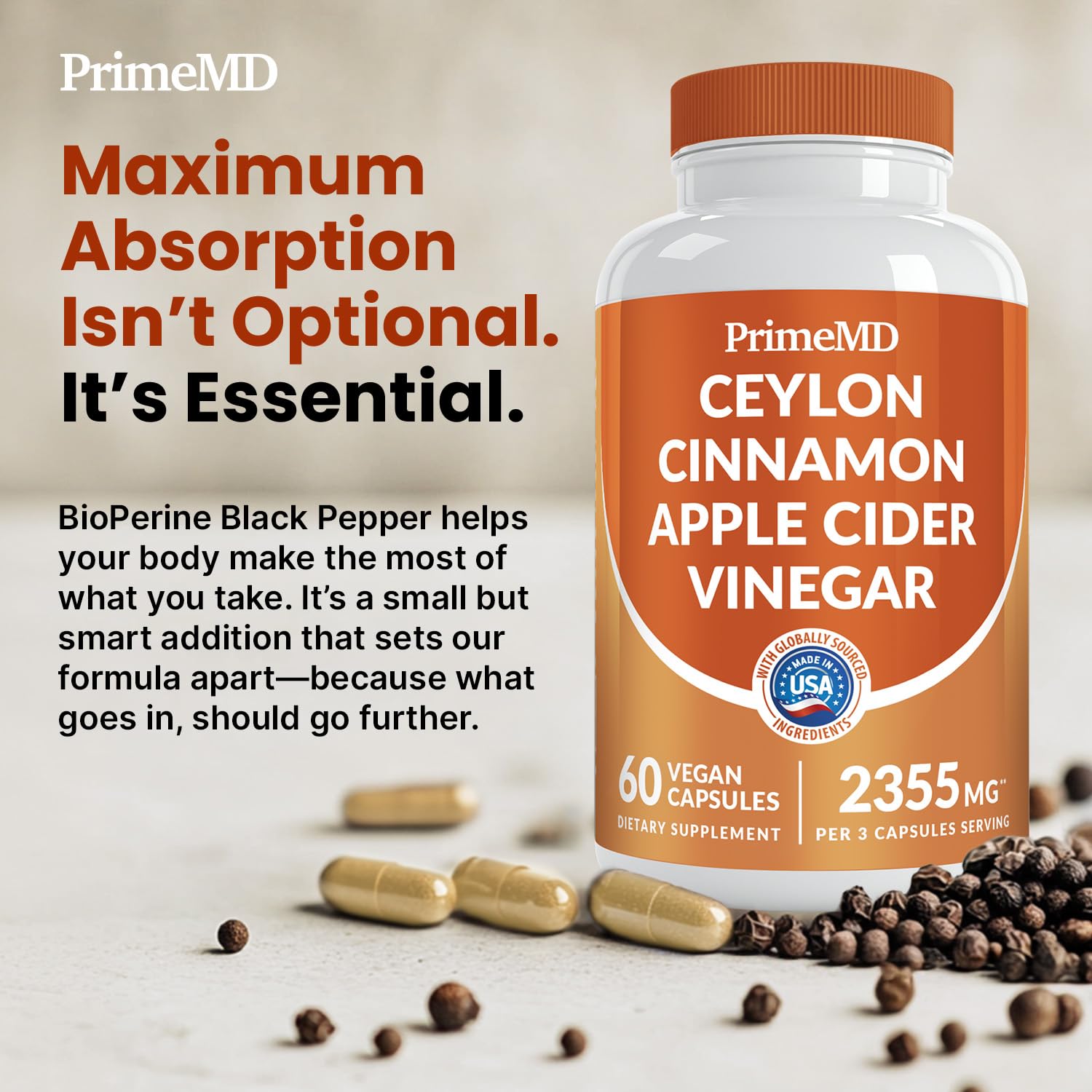 5-in-1 Ceylon Cinnamon Capsules 2355mg - Ceylon Cinnamon and Apple Cider Vinegar with Turmeric, Panax Ginseng, Cinnamon, and Bioperine, 60ct