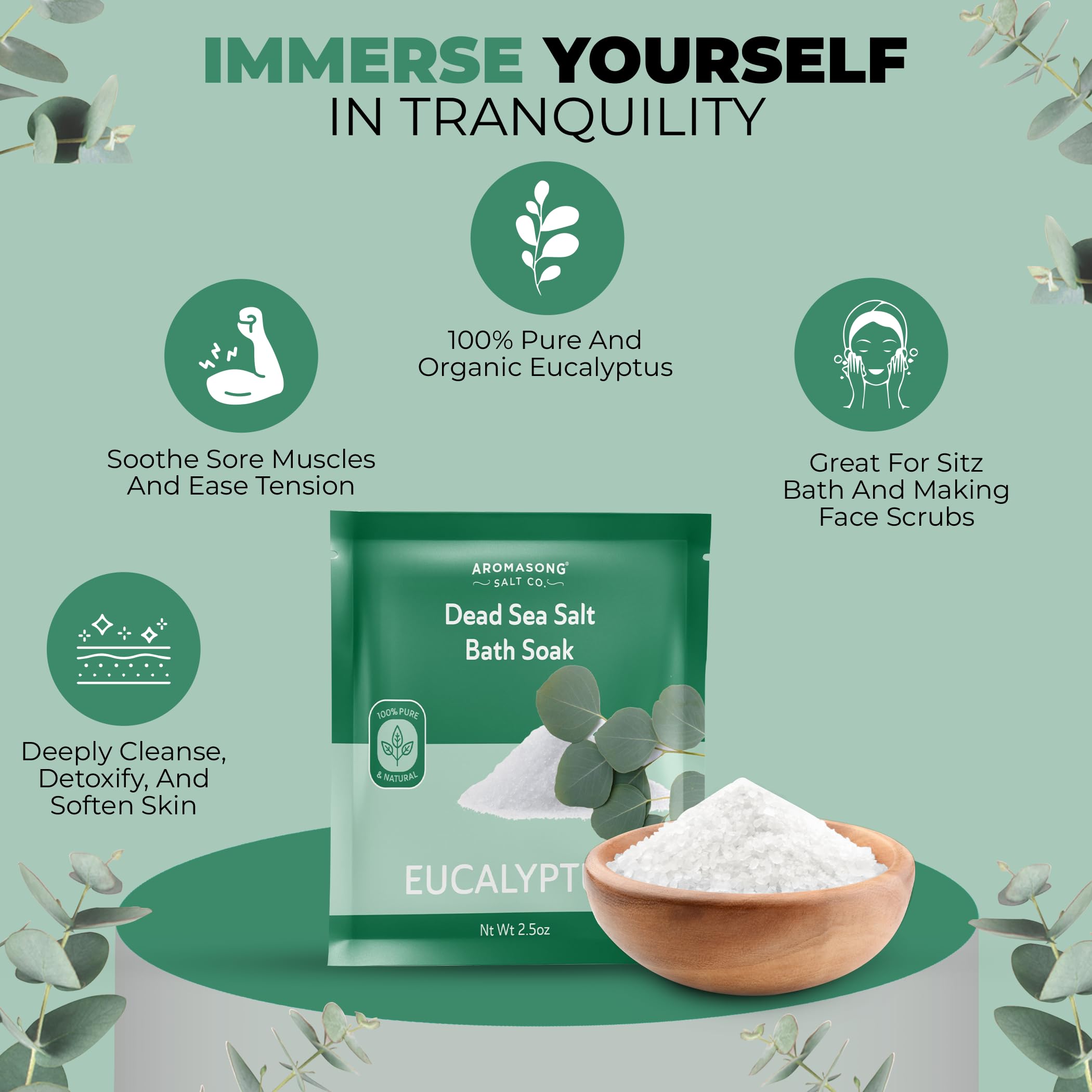 Aromasong Tea Tree Foot Soak 14 oz & Eucalyptus Dead Sea Salt Bath Soak 2.5 oz – Natural Bundle for Tired Feet, Muscle Relief, Odor Control & Refreshing Home Spa Experience