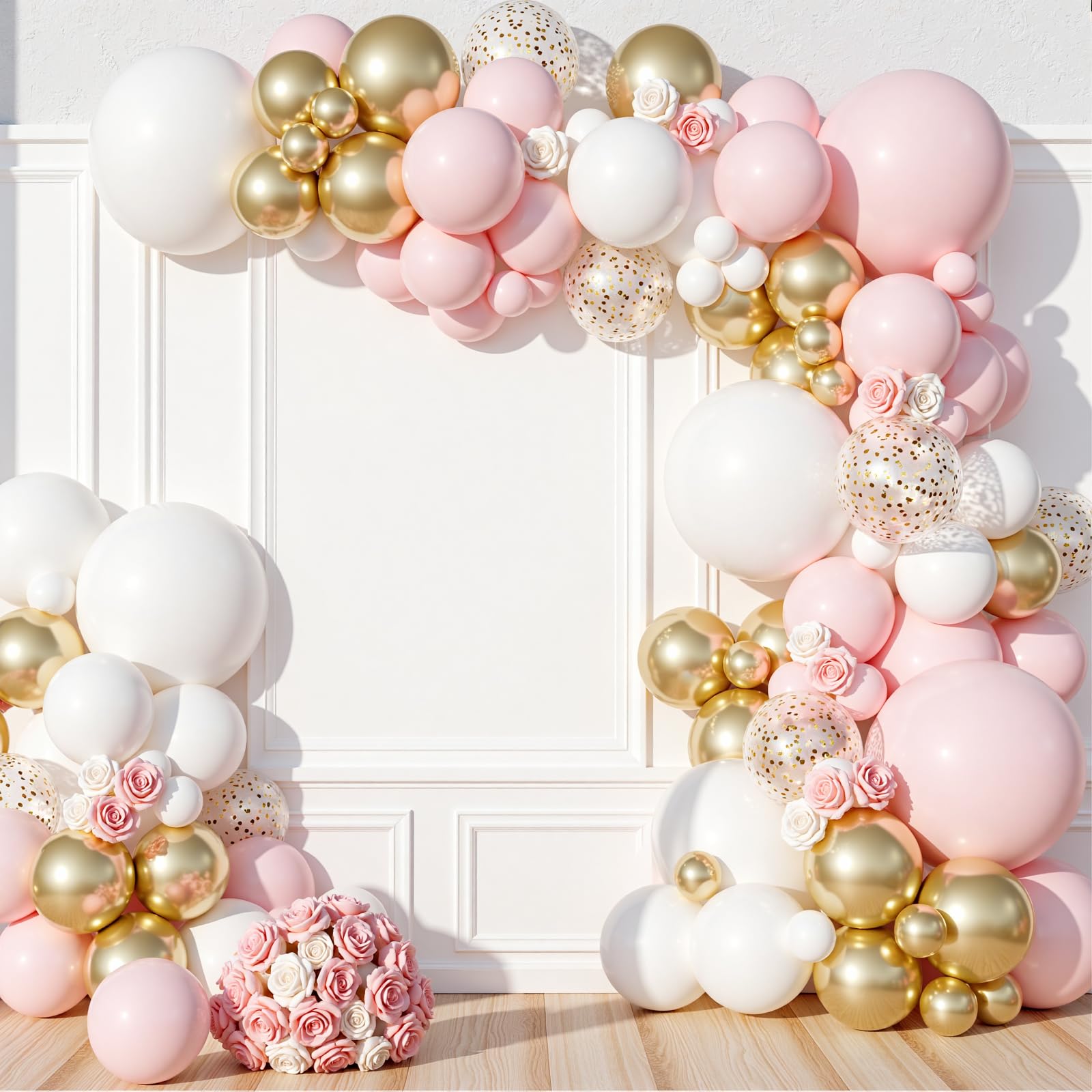 PartyWoo Pink and White Balloon Arch Kit Garland 140 pcs Different Sizes of 18 12 10 5 Inch Light Pastel Pink Metallic Gold Confetti and White Balloons for Baby Shower Birthday Party Decorations