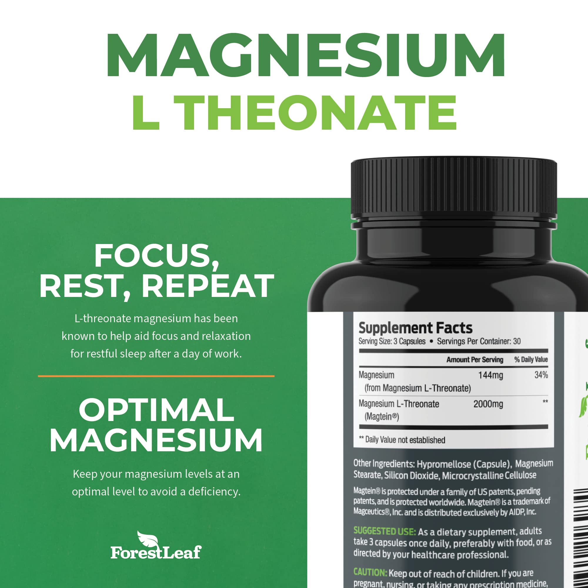 Magnesium L-Threonate Capsules - 2000mg Original Magtein Formula - Patented & Clinically Studied Supplement for Focus, Memory, Brain & Sleep Support, Mag Threonate for Women & Men (90 Count)