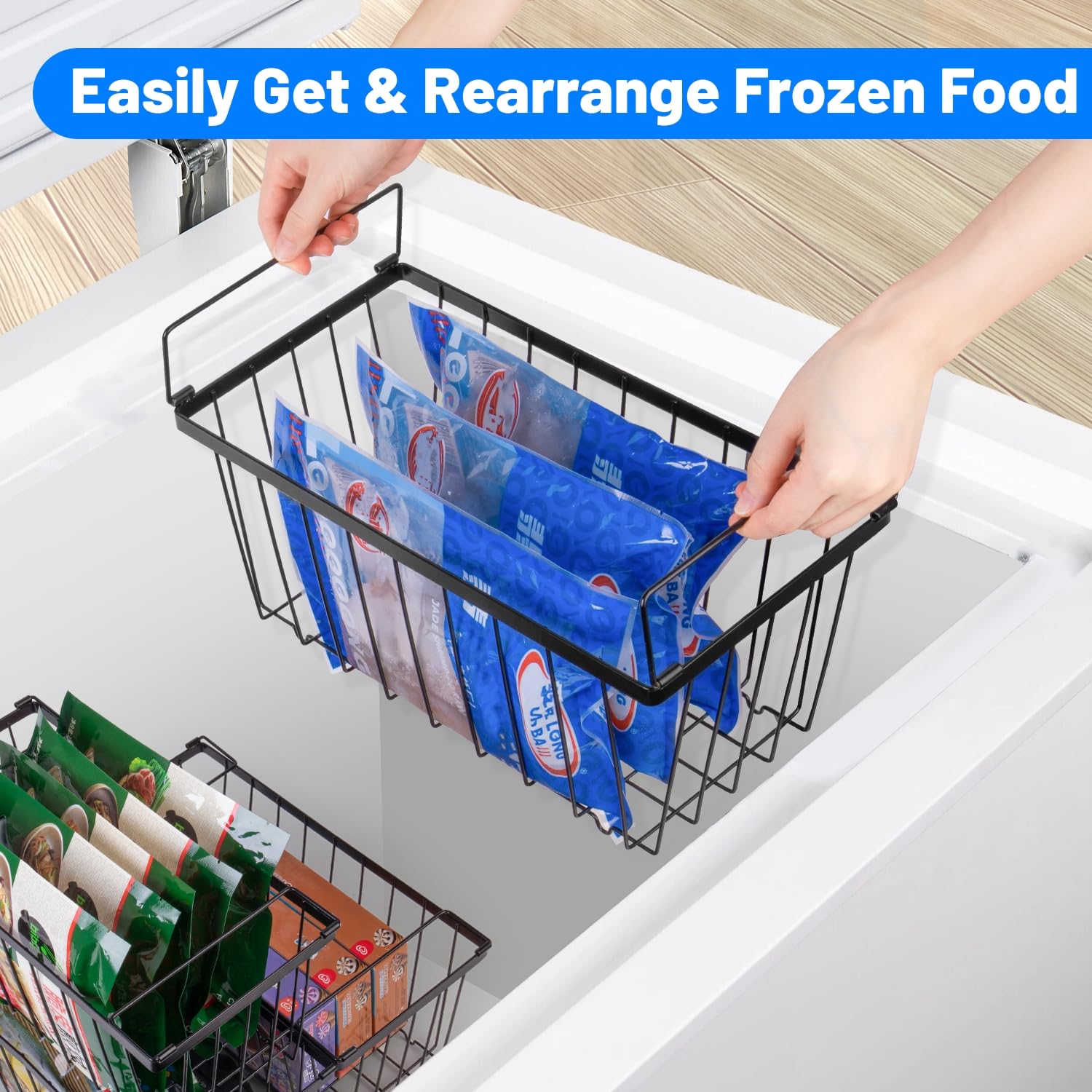 Wetheny Freezer Organizer Bins With Side Handle -8 Pack Stackable Chest Freezer Organizer for 7 Cu.FT - Deep Freezer Sort Frozen Food Wire Metal Basket Storage Bins Rack (Black)