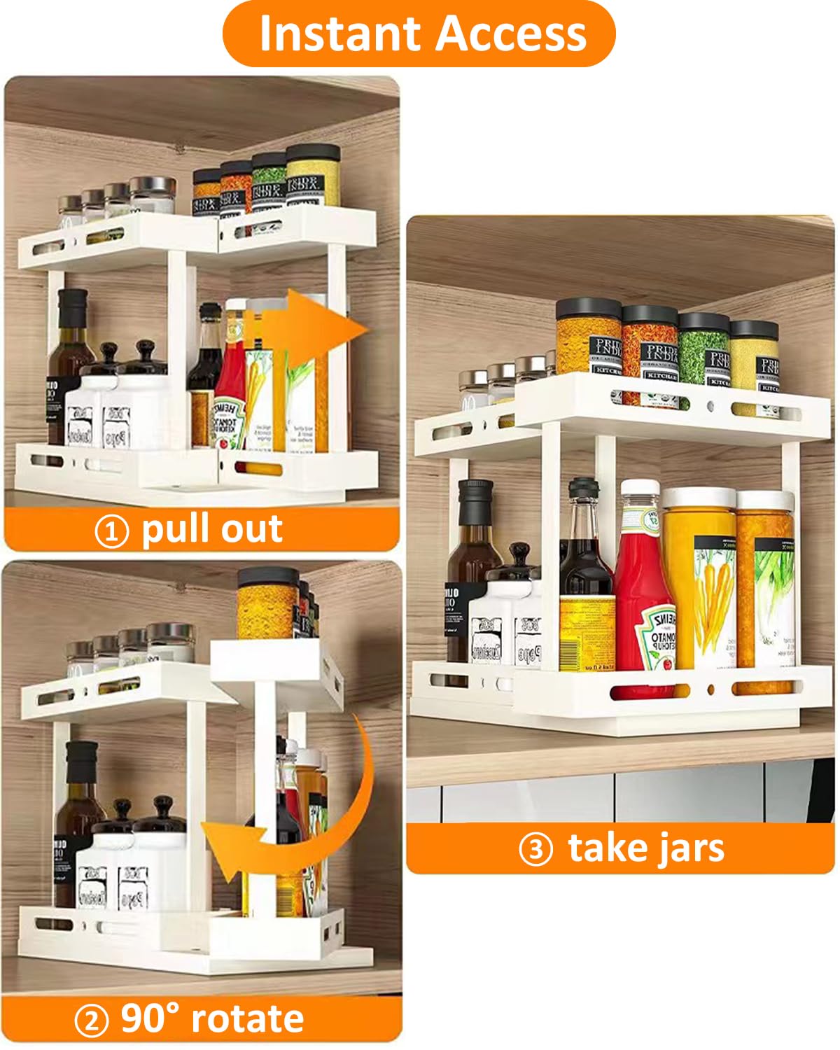 FDWYTY Spice Rack Organizer, Pull & Rotate Cabinet Shelf with 2 Double-Decker Shelves, Organization and Storage for Seasoning Jars, Medicine, Fridge - 1 Pack, 7.88”H x 6.3”W x 11.7”D