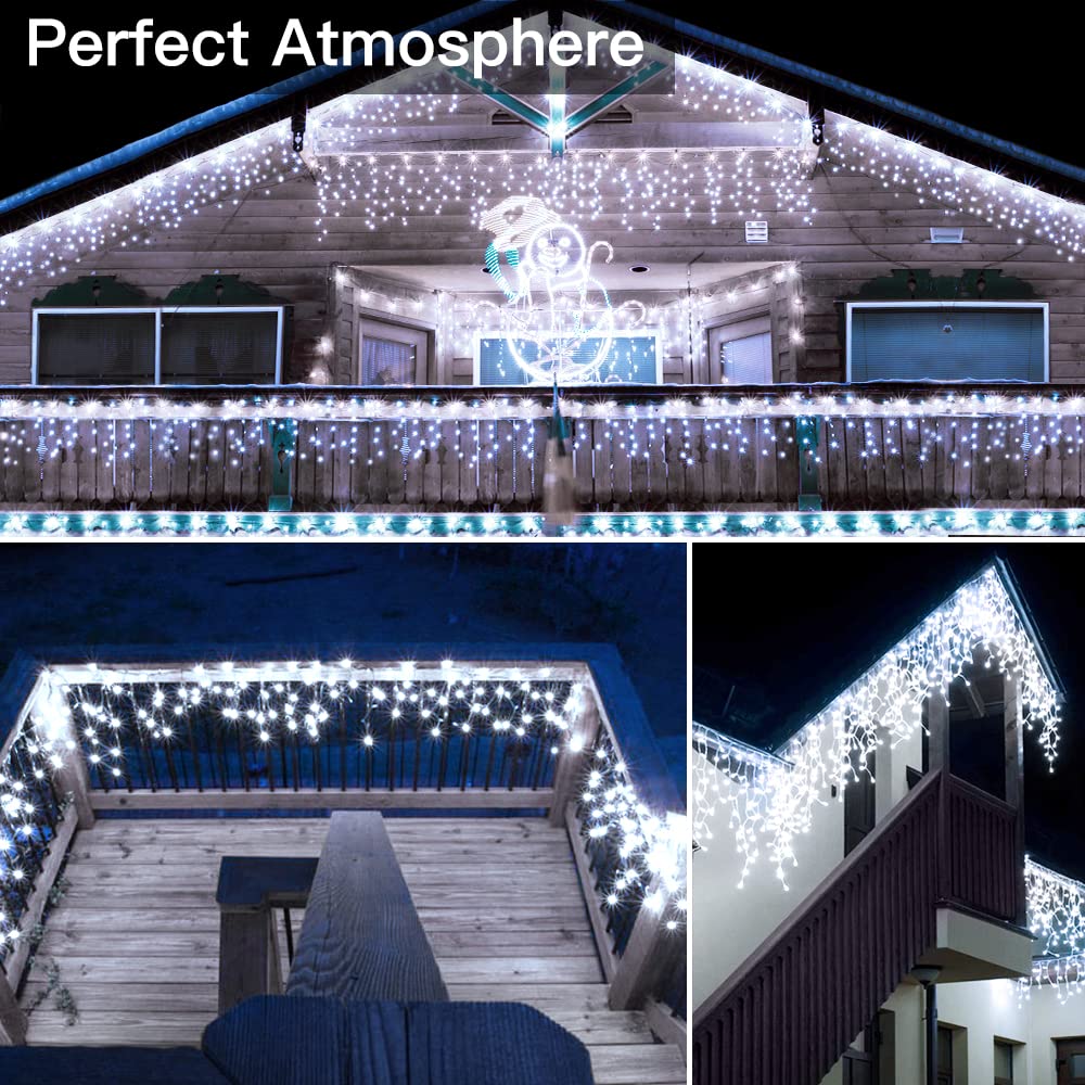 Ollny Icicle Lights for Outside 396LED 32FT, Cool White Christmas Light with Remote 8Modes Timers Waterproof, Plug in Connectable Hanging Lights for Outdoor Indoor House Roof Holiday