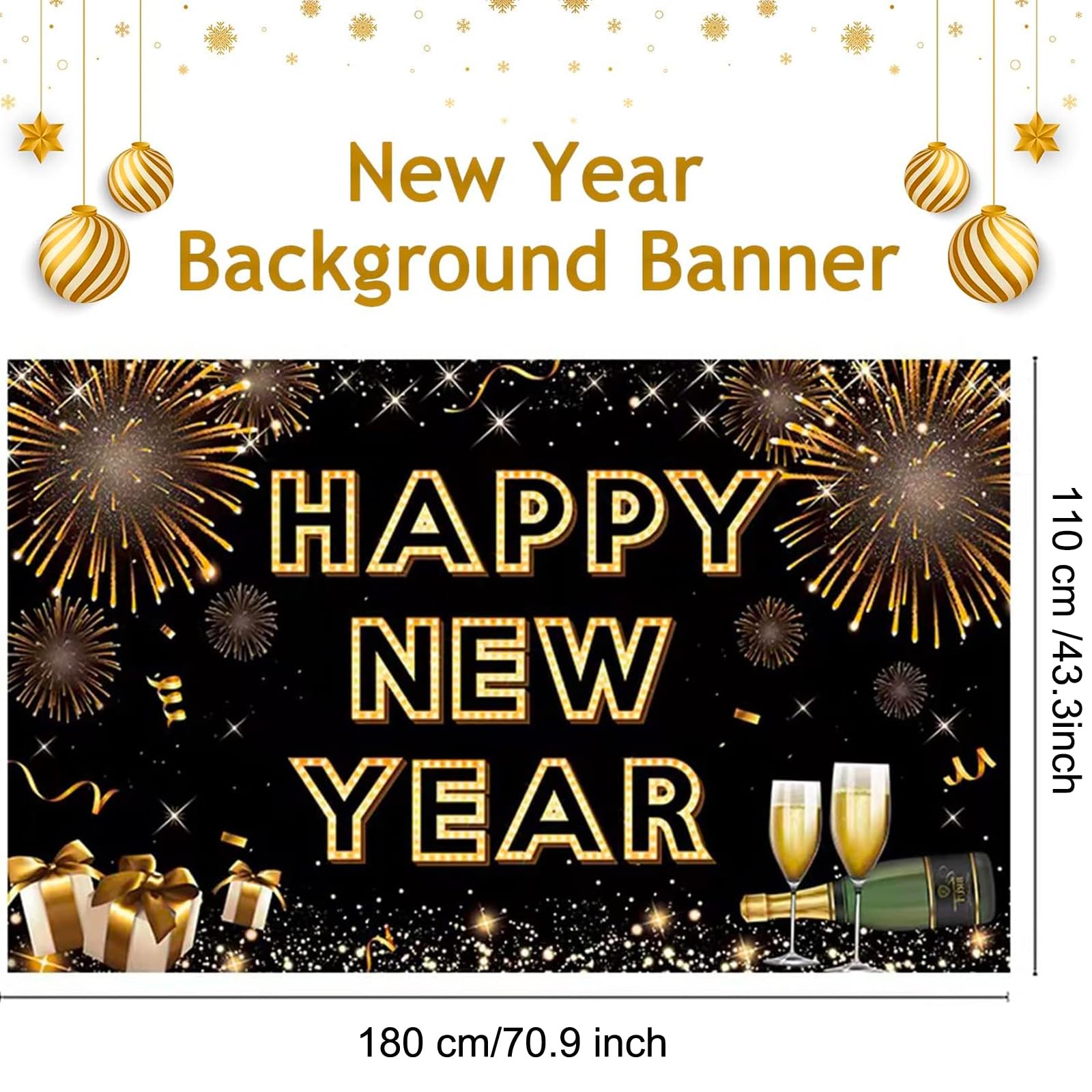 Happy New Year Banner for 2025 Party Decoration, Blackgold New Year Eve Banner Photo Backdrop Party Supplies (HAPPY NEW YEAR)