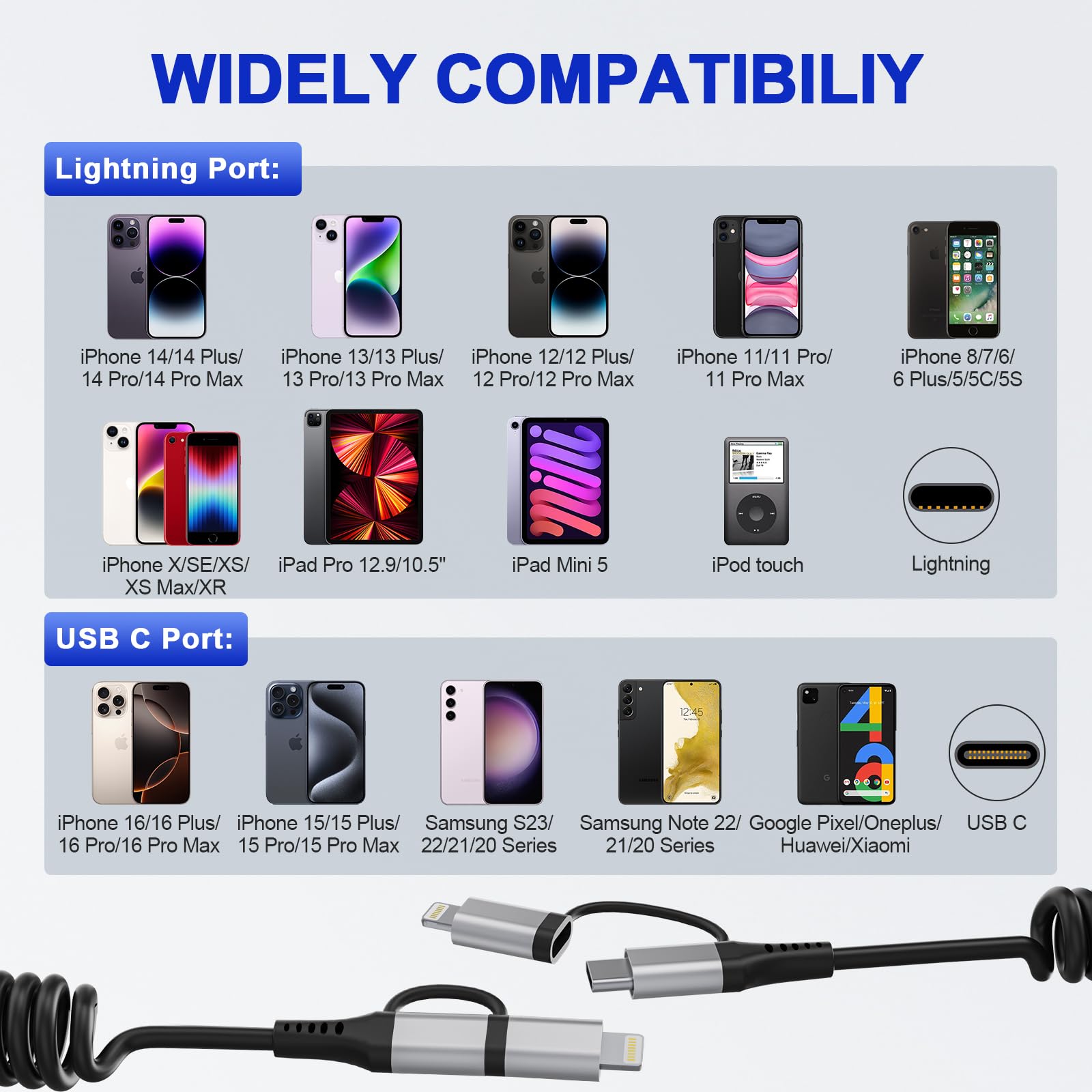 USB to USB-C and Lightning Cable Combo, 2 in 1 Coiled iPhone Charger Cable Apple Carplay & Android Auto, [MFi & 3A Fast Charge] Retractable Lightning and USB C Cable Cord for iPhone 16/15/14/Android