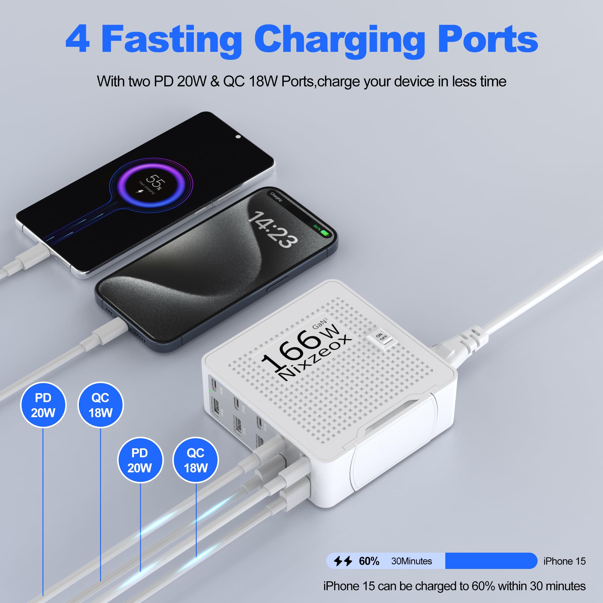 166W GaN 10-Port USB C Charging Station PD20W QC18W Fast Charging Wall Charger for iPhone 15/14/13/12/11 iPad Samsung Pixel 5FT Extension Cord White-Silver