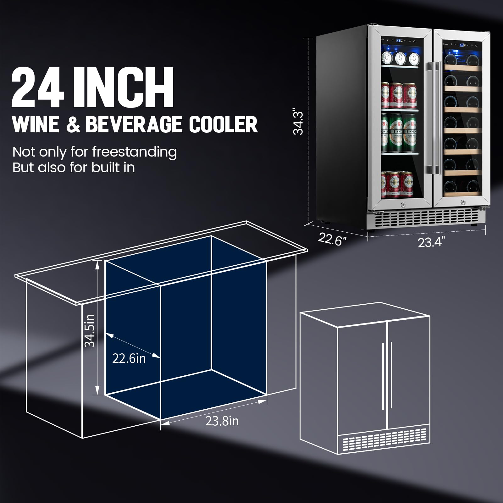 Friduo Wine and Beverage Refrigerator 24 inch, Dual Zone Wine Cooler Under Counter Lockable 20 Bottles and 88 Cans Fridge Built in Freestanding for Beer Soda Drink Bar Kitchen Cabinet Commercial