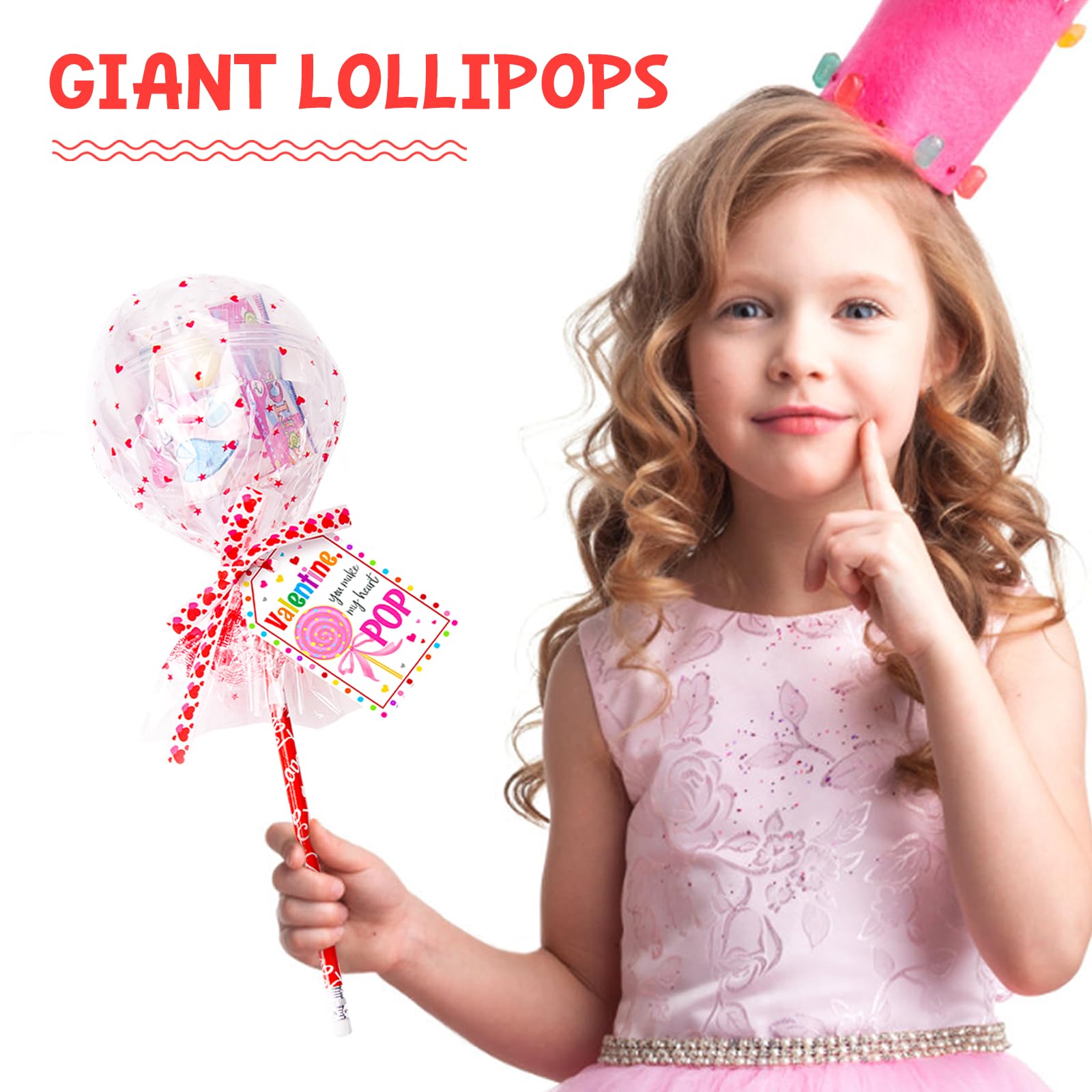 Valentines Day Gifts for Kids - 24 Pack Giant Lollipop-Shaped Stationery Set with Valentine's Cards Pencils Stickers Erasers Stampers Sharpener for Classroom Exchange School Boys Girls Party Favors