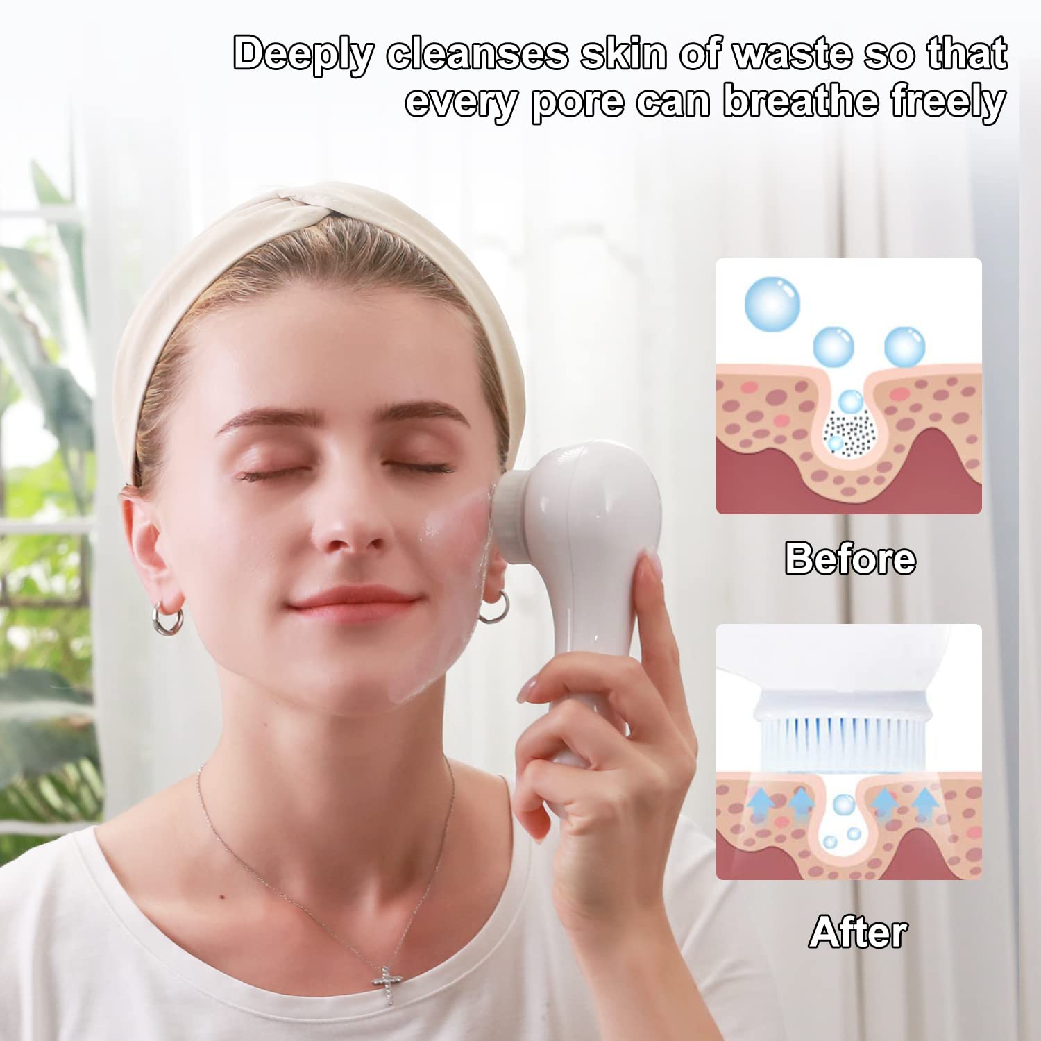 FreeBreath Facial Cleansing Brush, IPX7 Waterproof Face Scrubber with 3 Speed Modes, Face Brushes for Cleansing and Exfoliating with 5 Brush Heads, 1000mAh USB Rechargeable (Light Blue)