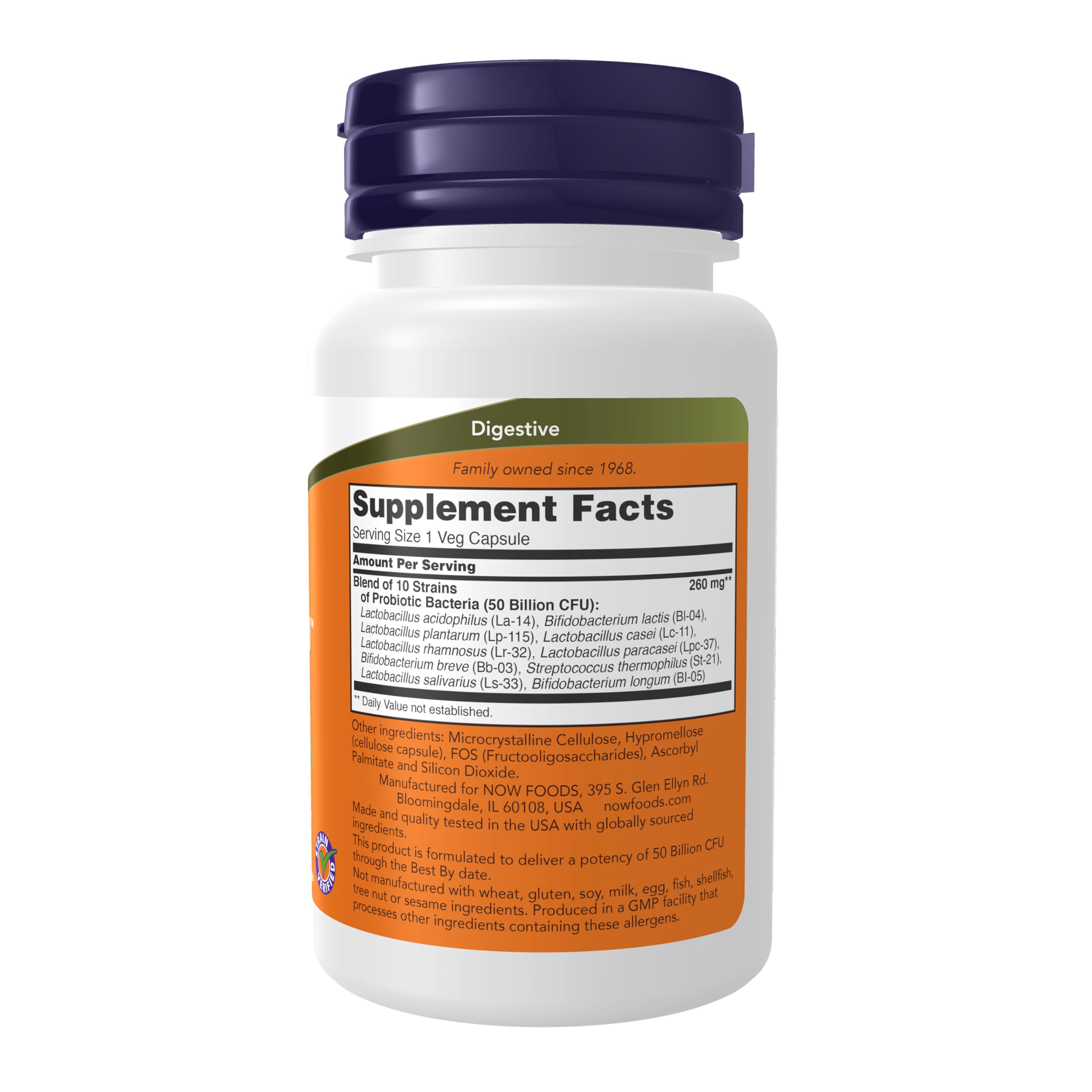 NOW Foods Supplements, Probiotic-10™, 50 Billion, with 10 Probiotic Strains, Strain Verified, 50 Veg Capsules