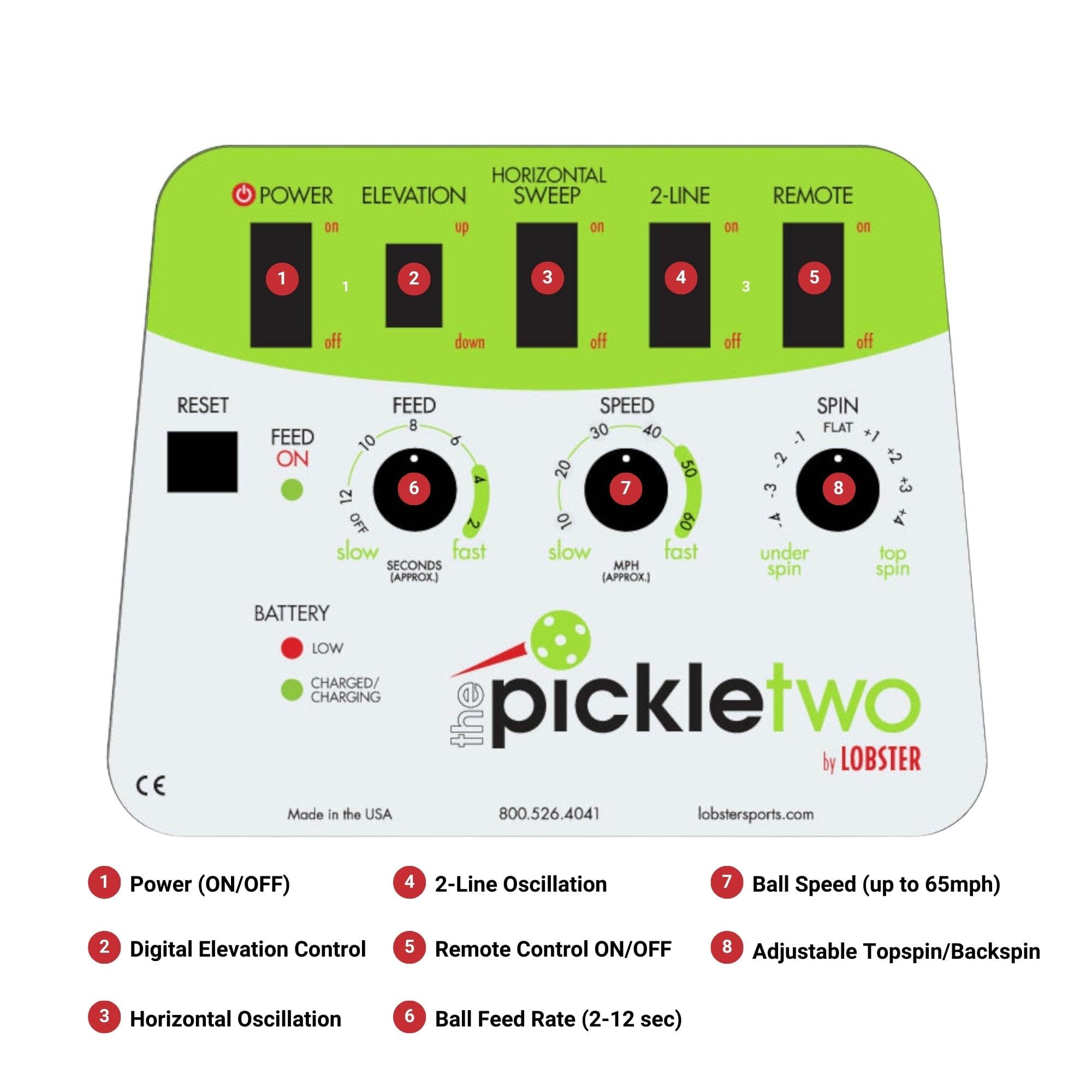 Lobster Sports Pickle Two Pickleball Machine – Full-Featured, Auto Launcher, Spin Control, Random Oscillation, 2-Line Drill, Battery Powered, Portable, Holds 125 Balls – with 10-Function Remote