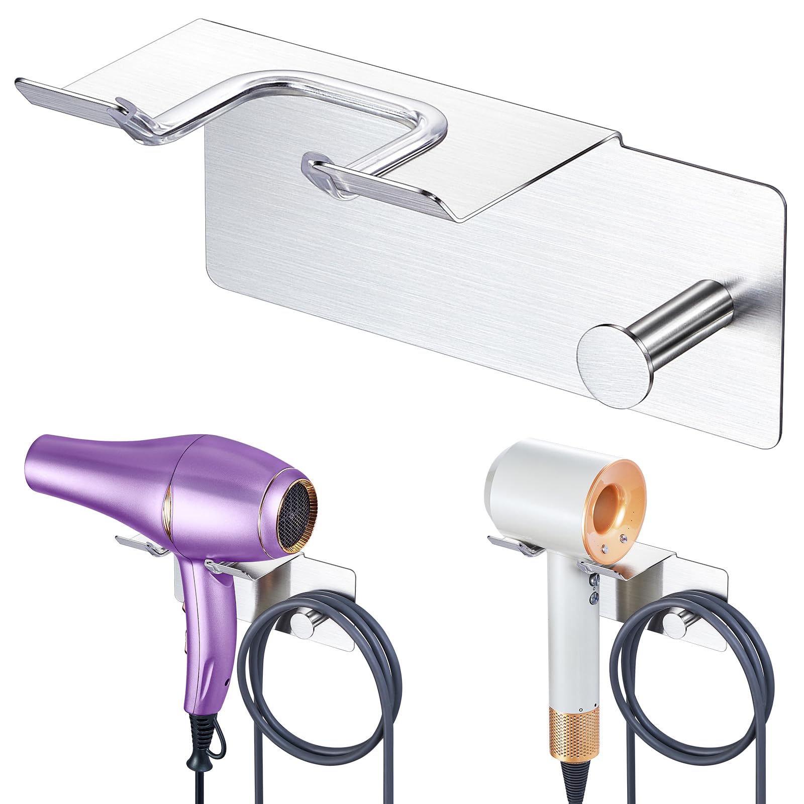 Hair Dryer Holder Wall Mounted, Blow Dryer Holder Adhesive, Stainless Steel Hairdryer Holder for Bathroom, Hair Tool Organizer with Plug&Cord for Cabinet Bathroom Bedroom Barber Shops