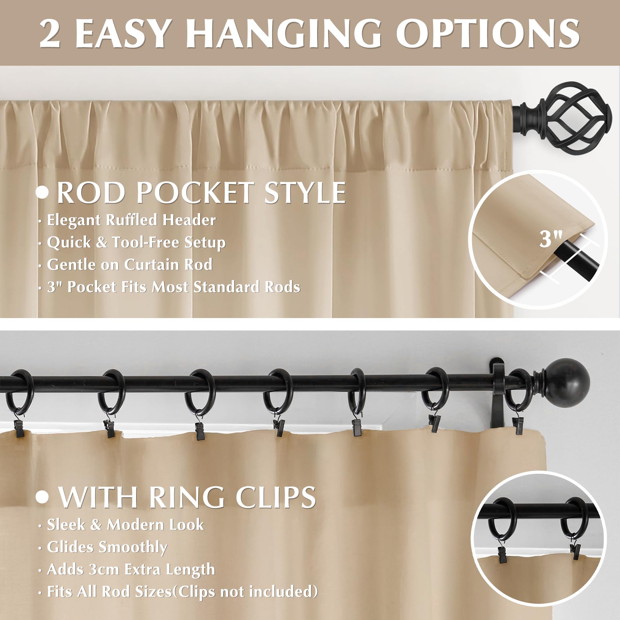 Seasonwood Farmhouse Curtains for Living Room 84 inch Curtains 2 Panels Ruffle Boho Curtain with Button Rustic Rod Pocket Drapes for Room Decor, Beige