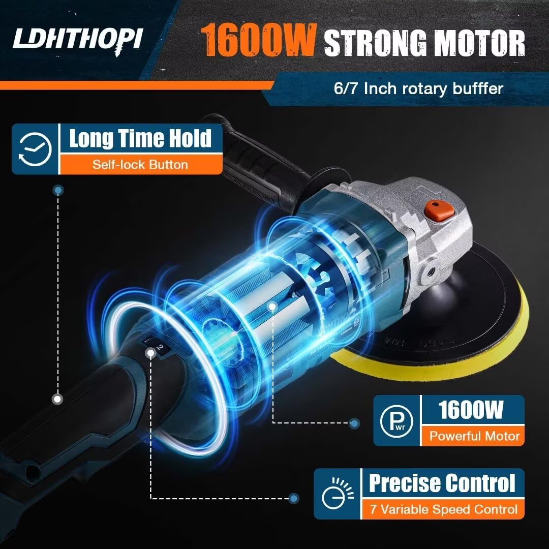 LDHTHOPI Buffer Polisher, 1600W 7 Inch/6 Inch Rotary Buffer Polisher Waxer, 7 Variable Speed 1000-3500 RPM, Detachable Handle for Car, Boat Sanding, Polishing, Waxing