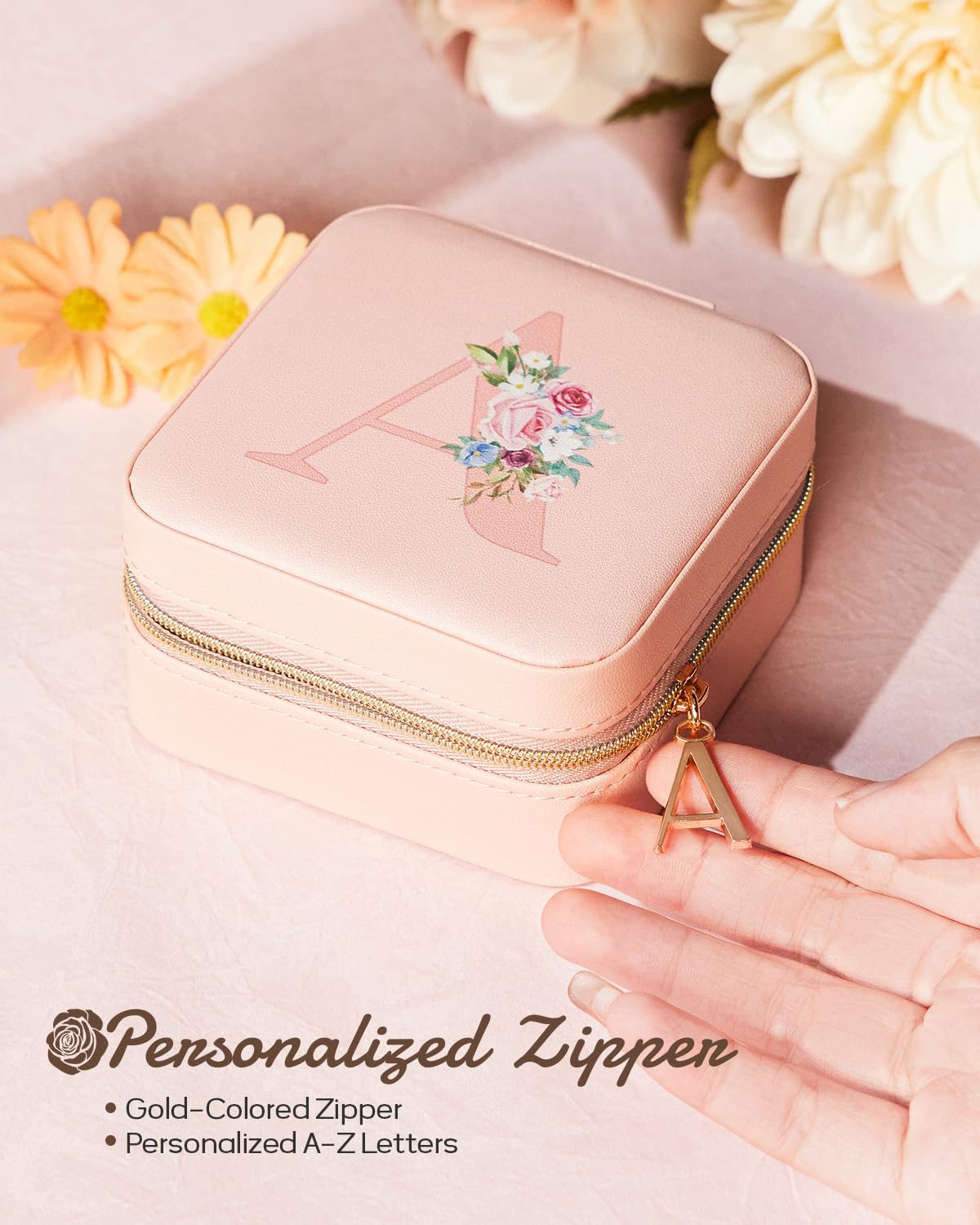 Enthralite Travel Jewelry Case A-Z Personalized Gifts - Travel Essentials for Women -Jewelry Box for Girls - Travel Jewelry Organizer for Necklaces Earrings - Gifts for Valentine’s Day - Pink,A