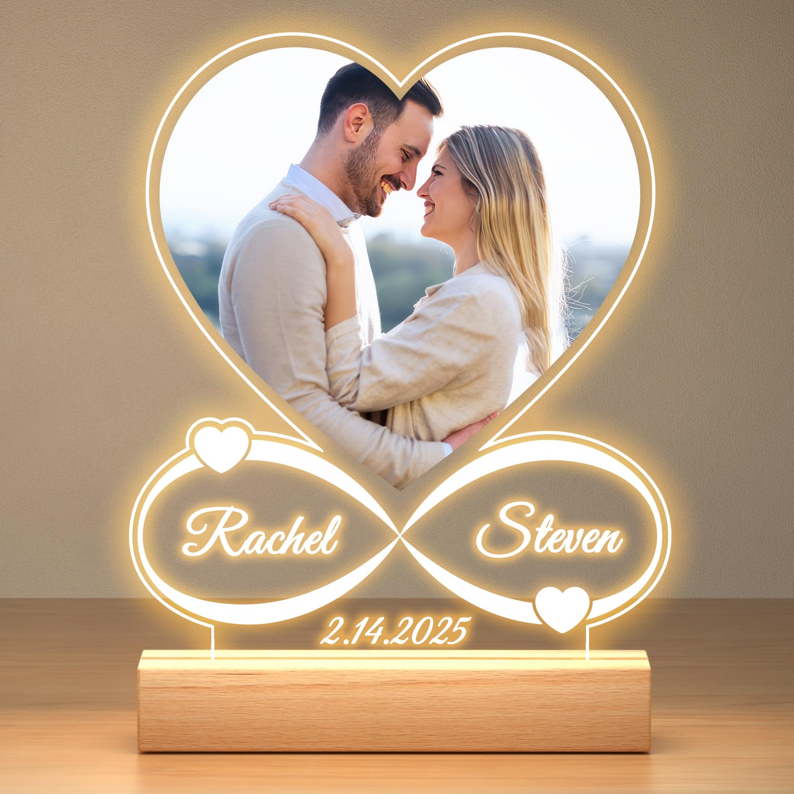 Personalized Anniversary Couple Gifts for Women and Men, Customized Heart Photo Frame, Custom Picture Frames with Night Light, Personalized Valentines Day Gifts for Her Him Girlfriend Boyfriend