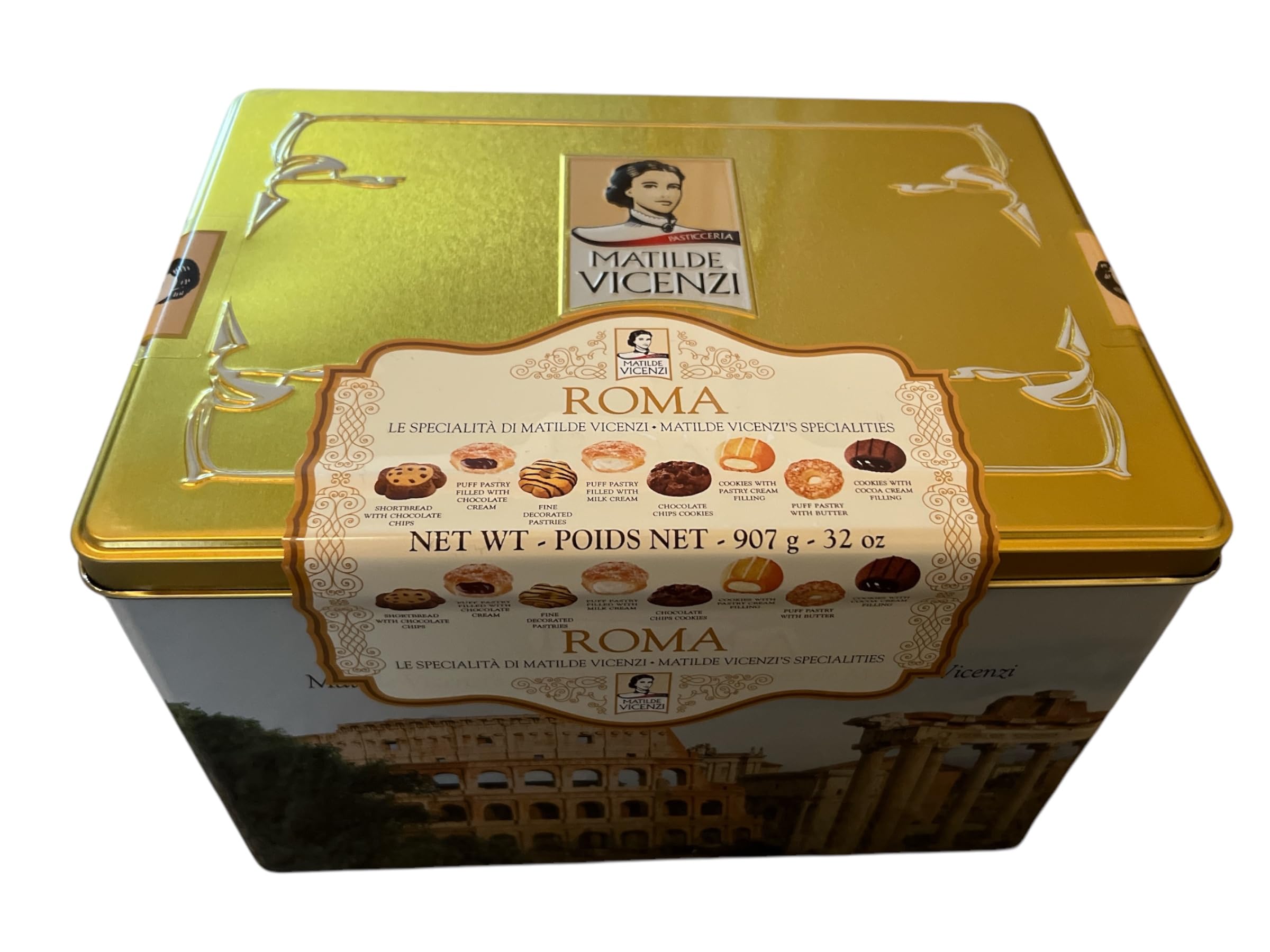 Matilde Vicenzi Roma Cookie Tin - Italian Pastries & Bakery Cookies in Individually Wrapped Trays - Bakery Dessert Gifts - Puff Pastry, Assorted Cookies in Italian Design Gift Tin 32oz (907g)