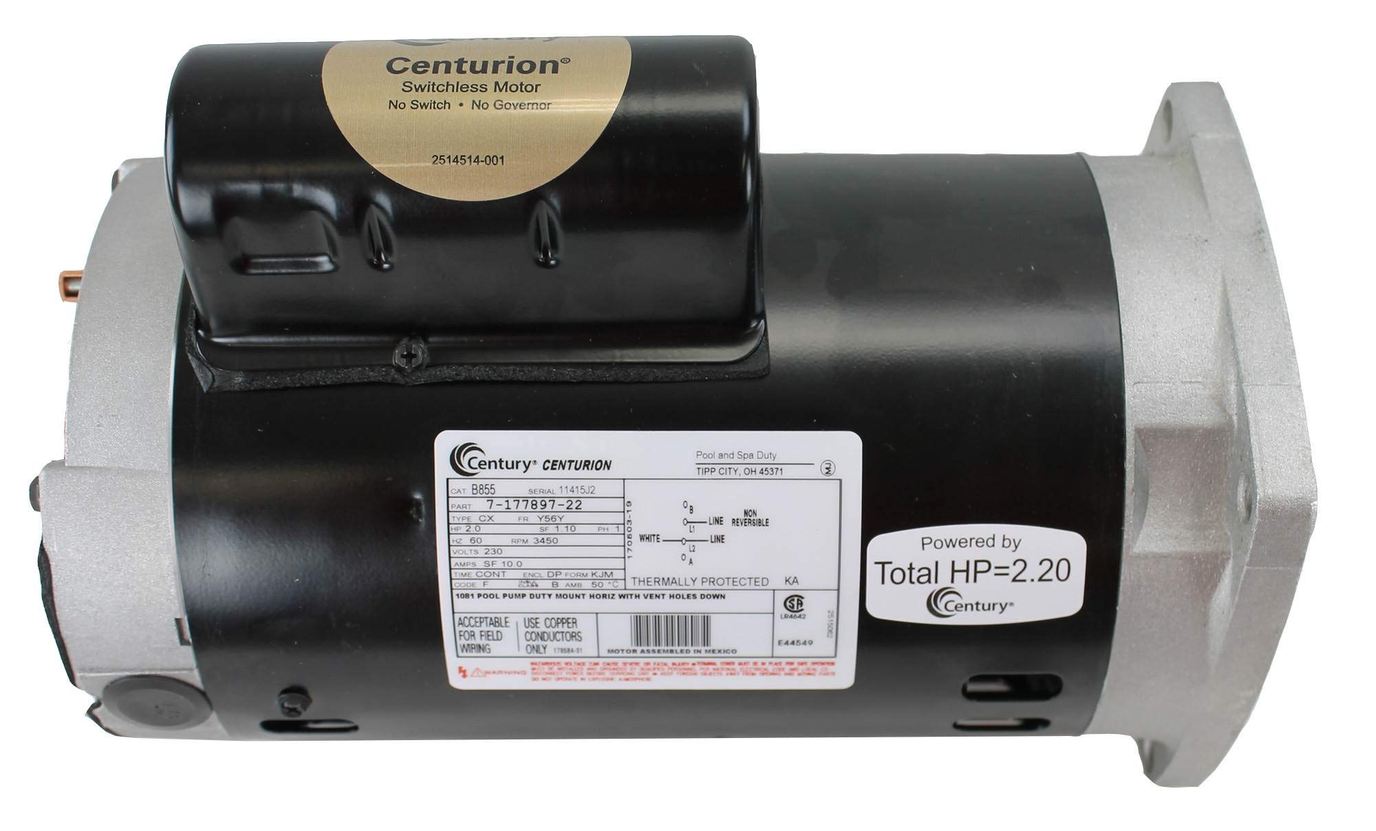 Century Electric Motor PSC, Up-Rated, Single-Speed, Switchless, 2HP, 3450RPM, 230V, 10 AMPS, 1.1SERVICE Factor, Square Flange