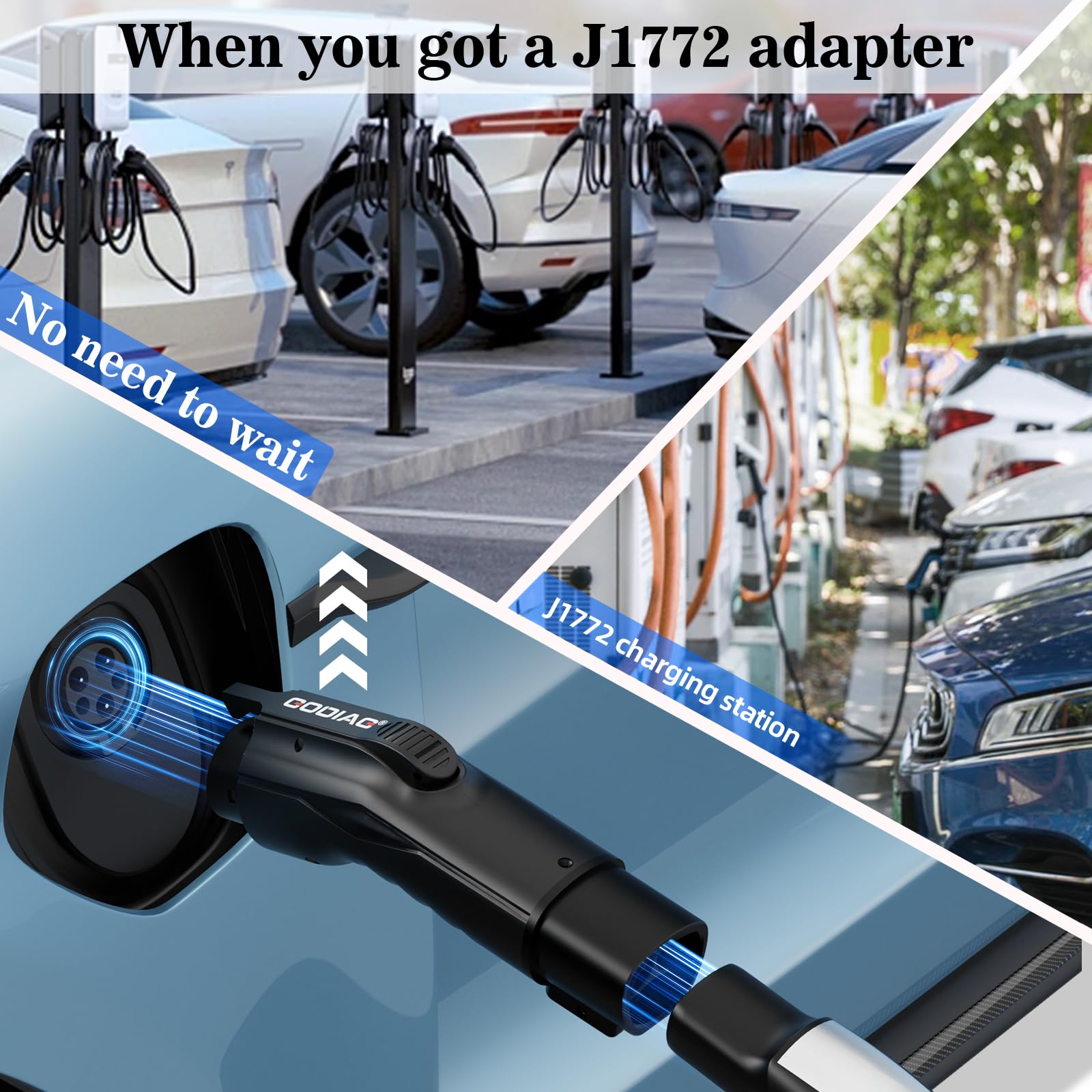 GODIAG NACS to J1772 Charging Adapter - Max 48 Amp & 250V J1772 EV Adapter, Compatible with Tesla High Powered Connectors Destination Chargers and Mobile Connectors (Black)