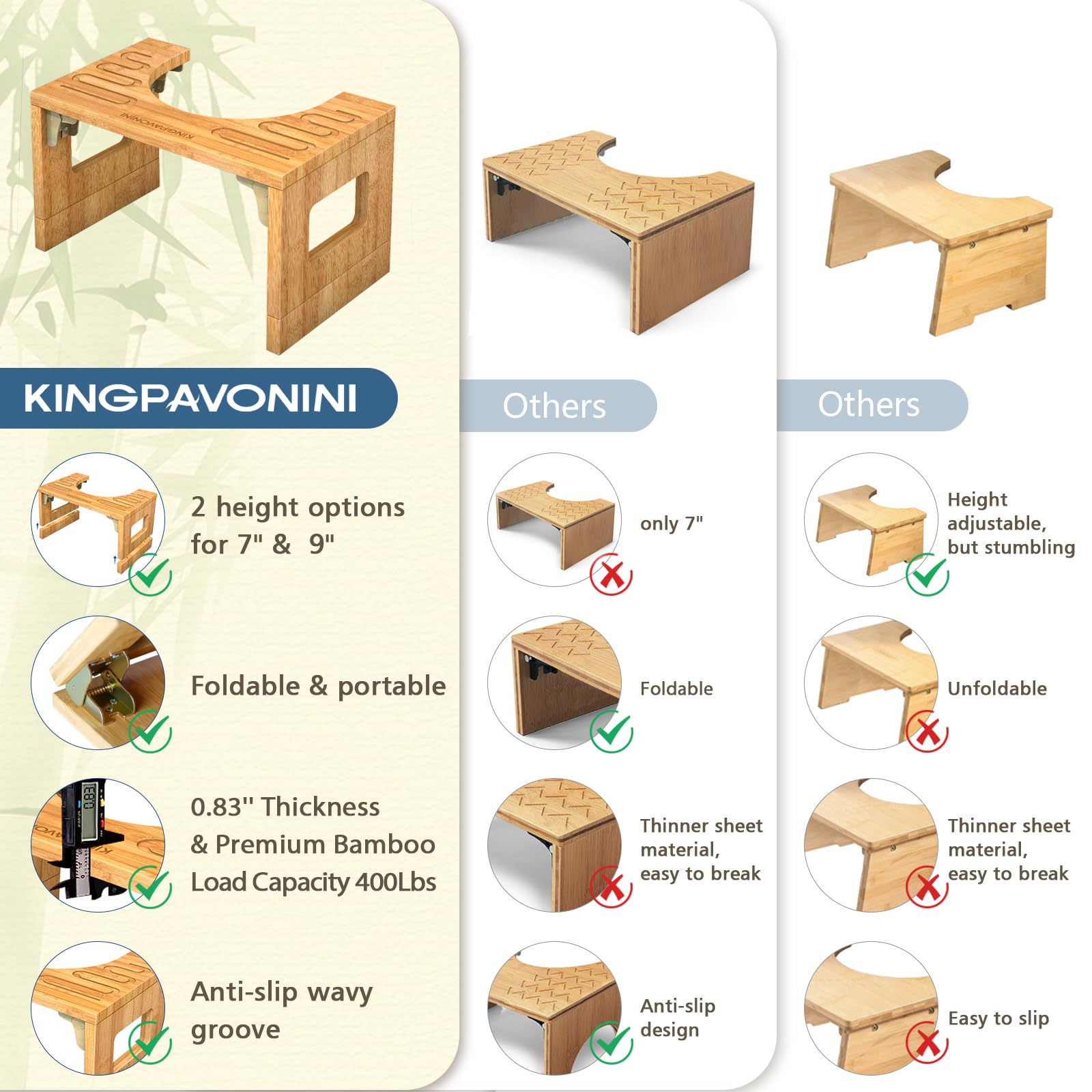 Bamboo Toilet Stool Squat 7in & 9in Adjustable Heights, Foldable Poop Stool for Bathroom Adults Kids, Potty Stool with Non-Slip Layer to Improve Bathroom Posture and Comfort, 400 lbs Capacity