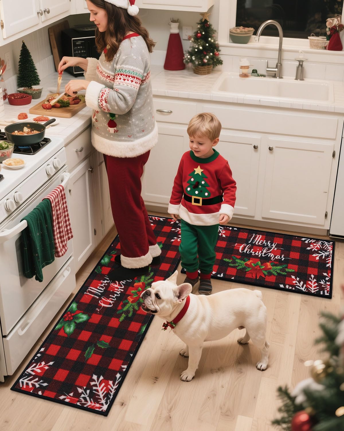 JSEI Christmas Kitchen Mats for Floor Set of 2, Red Buffalo Plaid Non-Slip Kitchen Rugs Merry Christmas Bow Tree Snowflake, Kitchen Floor Mat Washable Christmas Rug for Kitchen Decor, 17"x30"+17"x48"