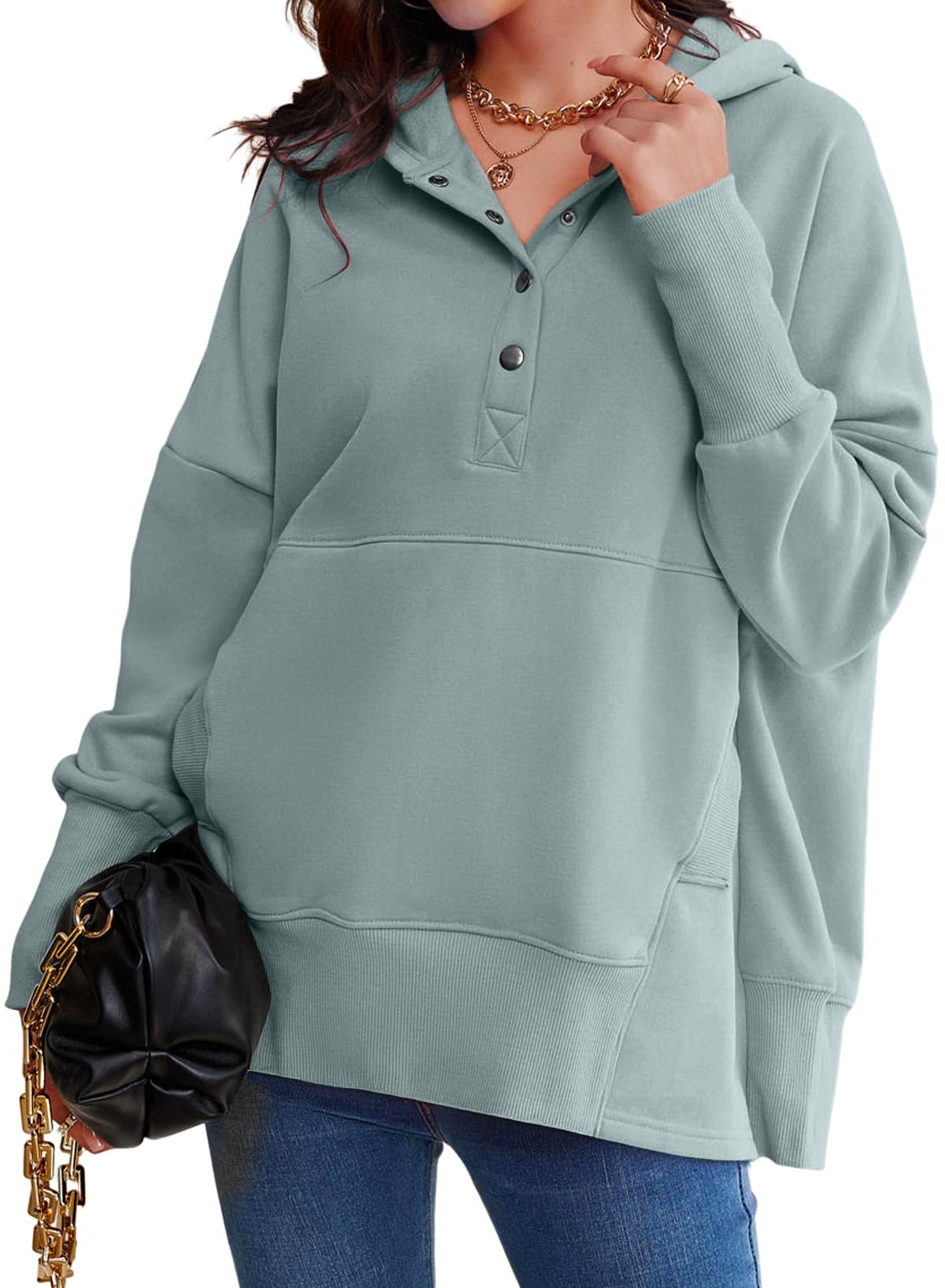 AlvaQ Womens Sweatshirts Button V Neck Fleece Oversized Hoodies Casual Loose Pullover Hooded Tops Fall Winter Outfits 2025 Grey Large