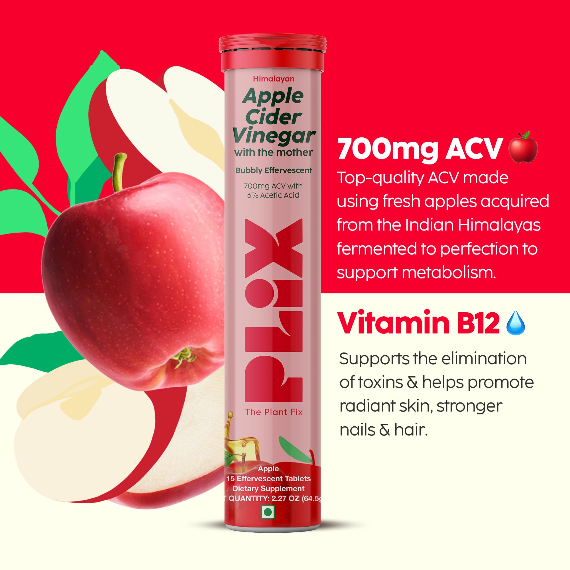 PLIX Apple Cider Vinegar Effervescent Tablets with The Mother, 700mg ACV with VIT B12, B6, Pack of 4 | Vegan, No Added Sugar, Non-GMO & Gluten-Free