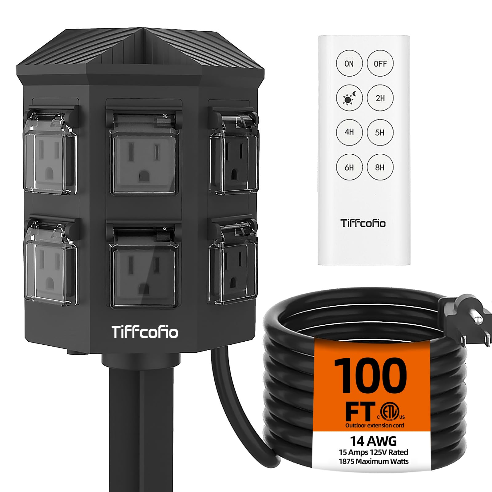 TiFFCOFiO Outdoor Power Stake Timer Waterproof, 100FT Extension Cord, Remote Control Dusk to Dawn Sensor Light Timer, 6 Grounded Outlets for Outdoor Decorations, 14 AWG, 15A/1875W, ETL Listed