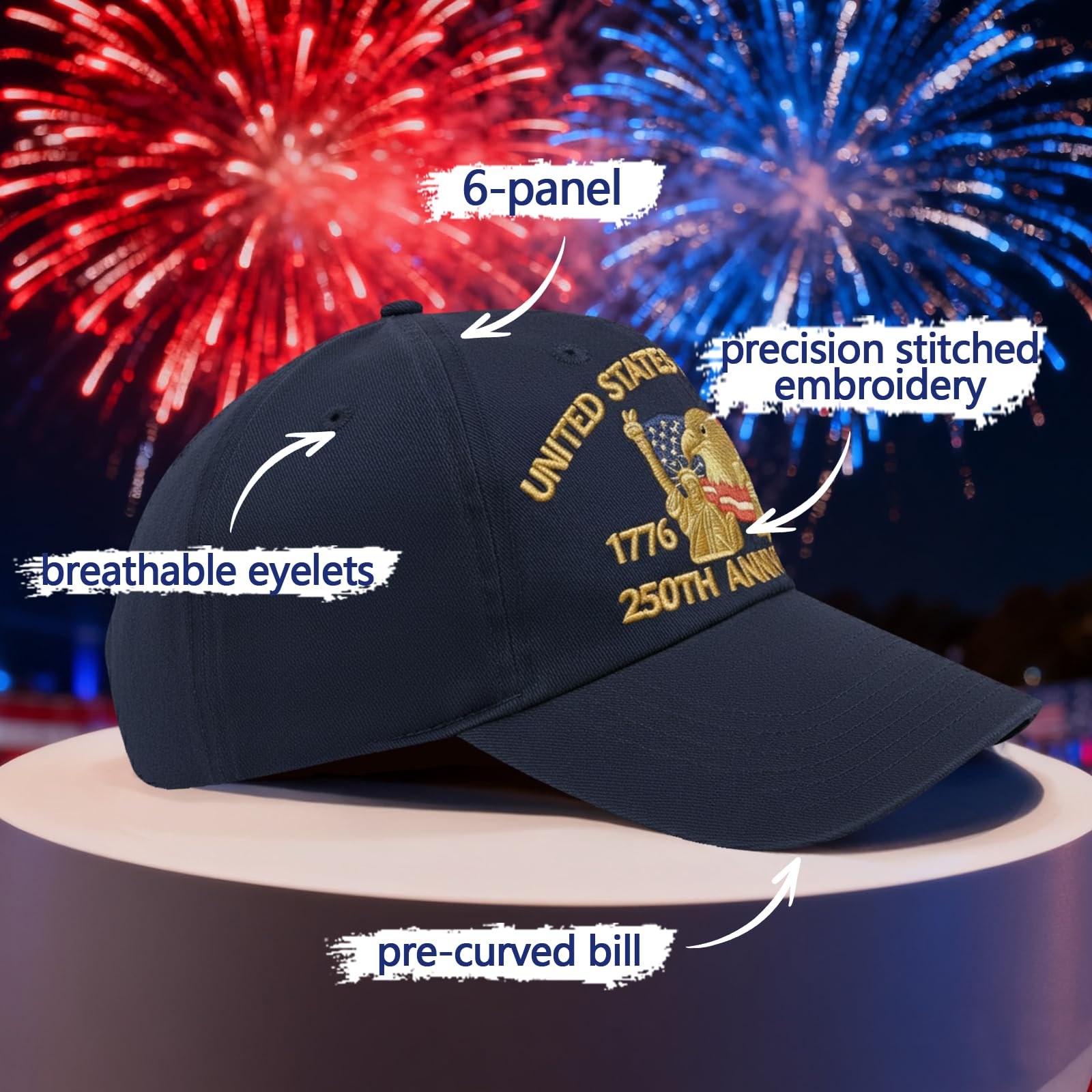 Embroidered United States 250th Anniversary Hat - 250 Years Anniversary USA Trucker Hat for Men Women, Adjustable Patriotic Baseball Cap (A-Navy Blue)
