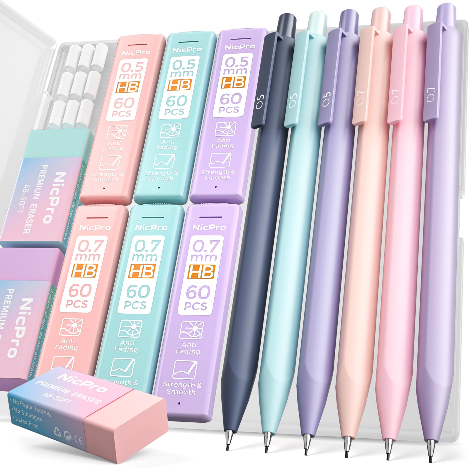 Nicpro 6PCS Pastel Mechanical Pencil Set with Case, Cute Drafting Pencils 0.5mm & 0.7mm with 6 Tubes HB Lead Refills, Erasers, Eraser Refills, Aesthetic School Supplies for Girls Drawing Sketching