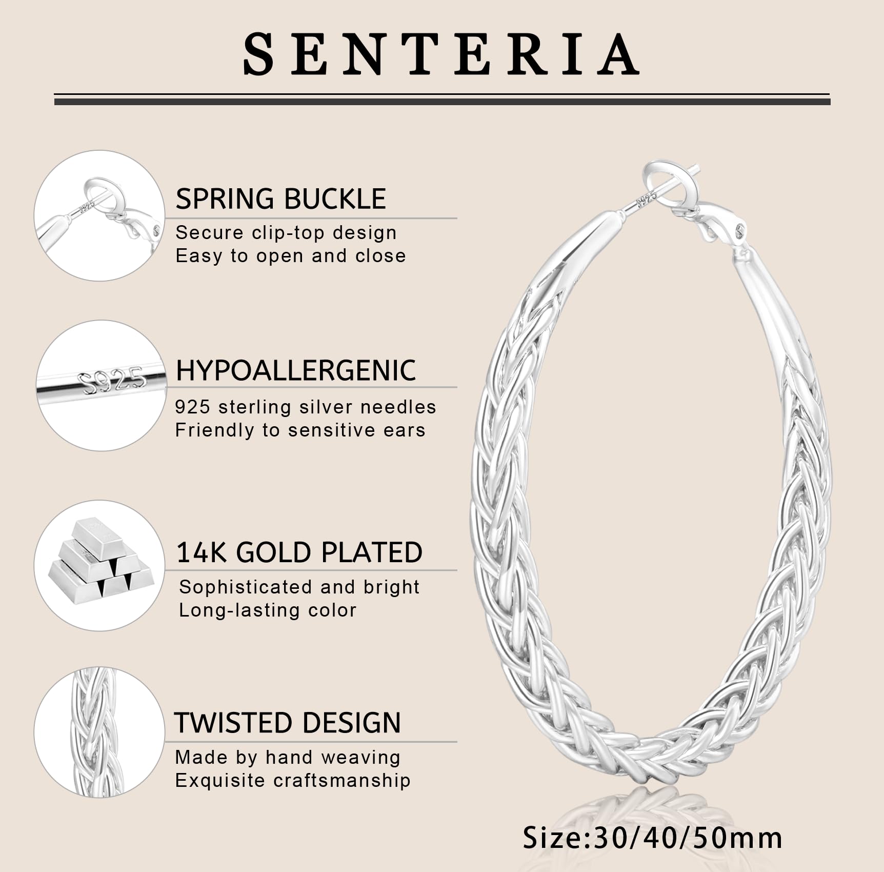 Senteria Silver Hoop Earrings for Women 925 Sterling Silver Hoop Earrings Hypoallergenic Lightweight Large Silver Hoop Earrings Thick Twisted Silver Hoop Earrings