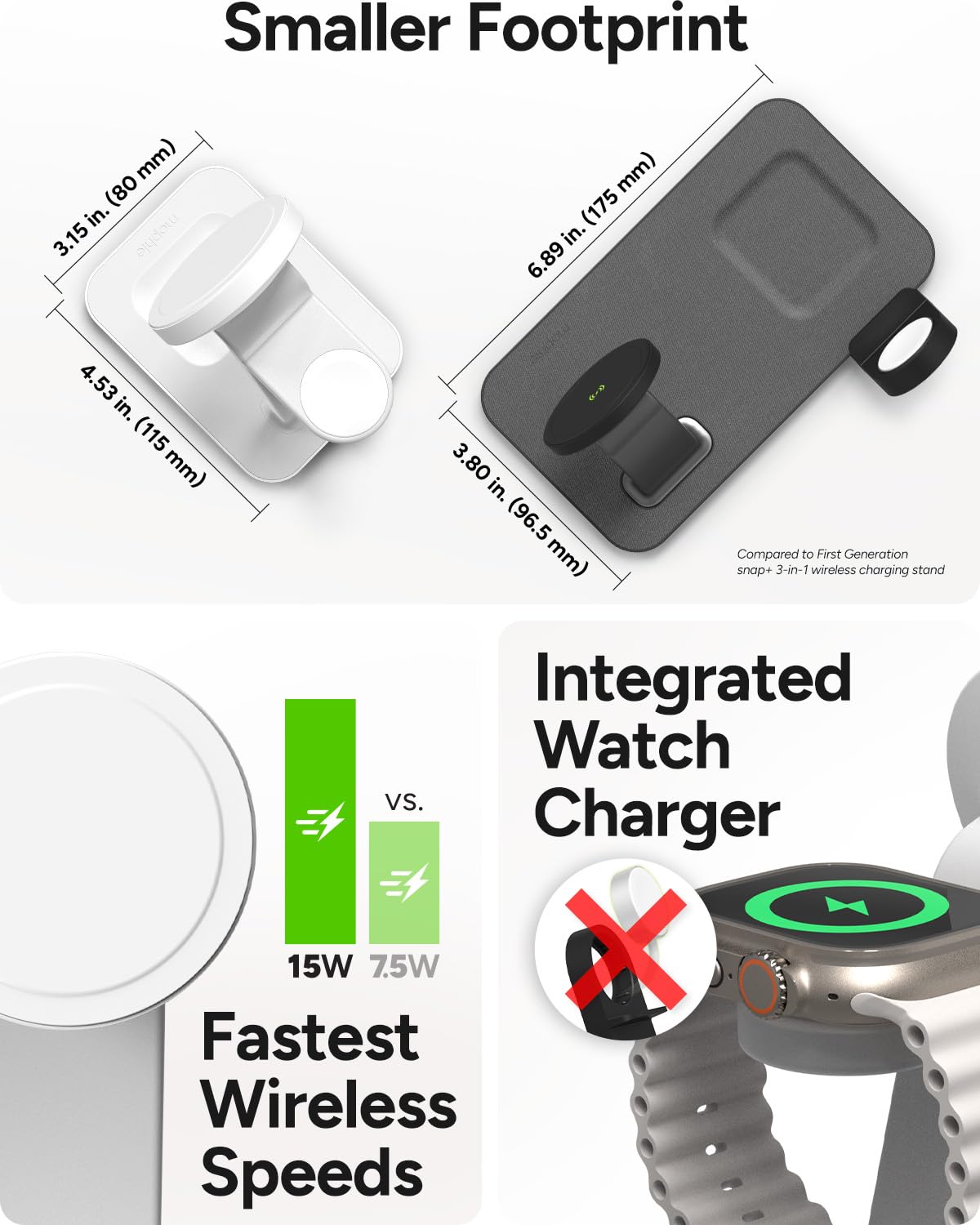 mophie Snap+ 3-in-1 Wireless Charging Stand - MagSafe & Qi2 Certified, Compatible with iPhone 16/15/14/13/12, Apple Watch, AirPods - Multi-Device Magnetic Charging Station, Eco-Friendly Design, White