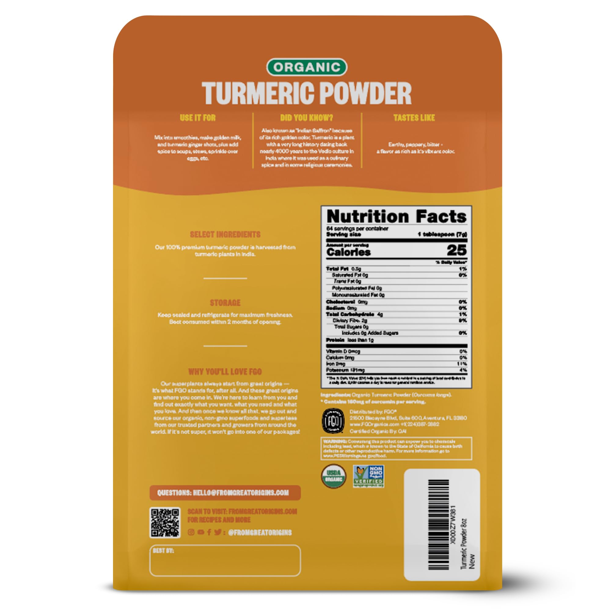 FGO Organic Turmeric Powder w/Curcumin, from India, 8oz, Packaging May Vary (Pack of 1)