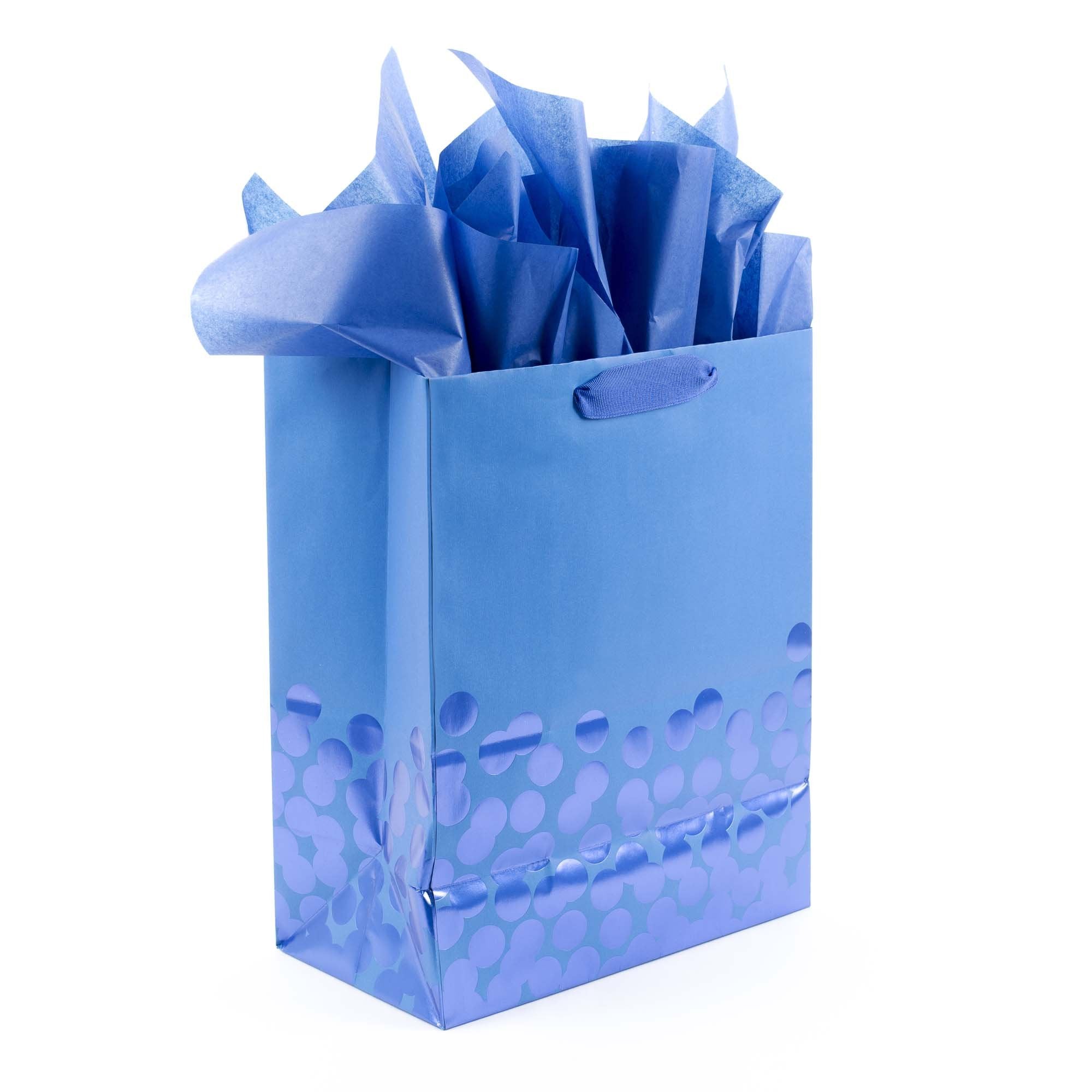 Hallmark 13" Large Gift Bag with Tissue Paper (Blue Foil Dots) for Hanukkah, Christmas, Birthdays, Fathers Day, Graduations, and Baby Showers