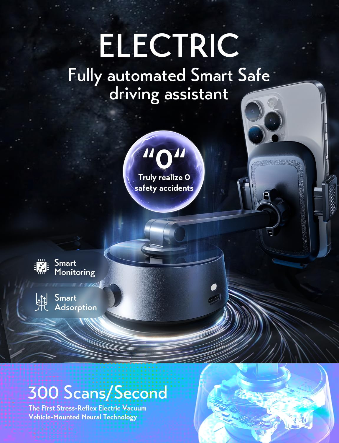 LISEN Electric Retractable Car Phone Mount, iPhone Vacuum Electric Suction Cup Phone Mount, Suction Cup Magnetic Phone Holder, only for Mirror, for iPhone 17 Pro Max Plus 16 15 ~ X, Samsung Galaxy S25