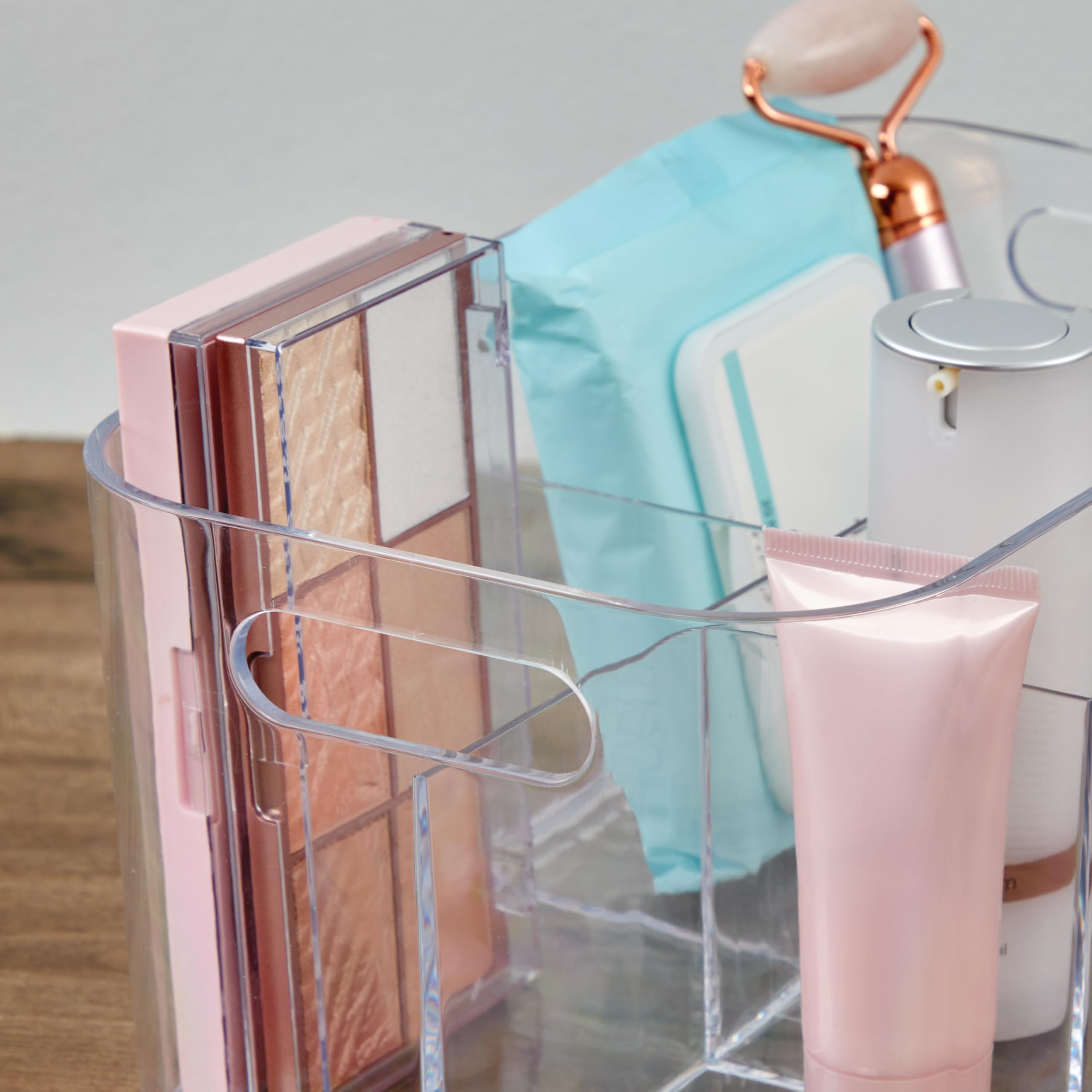 STORi Bliss 5-Compartment Plastic Cosmetics Storage Organizer | Clear | Rectangular Divided Makeup Bin & Vanity Caddy with Pass-Through Handles | Round Corner Design | Made in USA