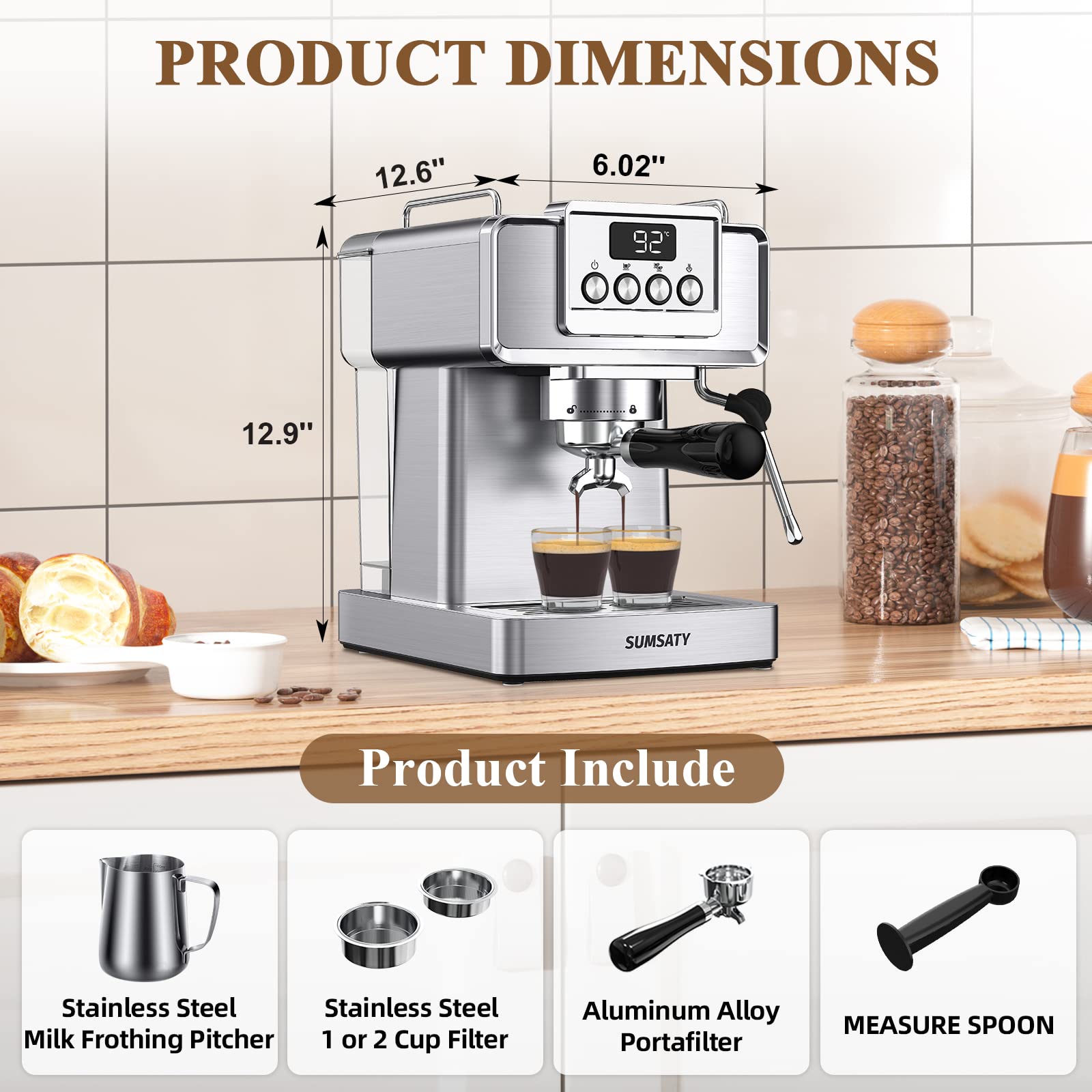 SUMSATY Espresso Machine, Stainless Steel Espresso Machine with Milk Frother for Latte, Cappuccino, Machiato,for Home Espresso Maker, 1.8L Water Tank, 20 Bar