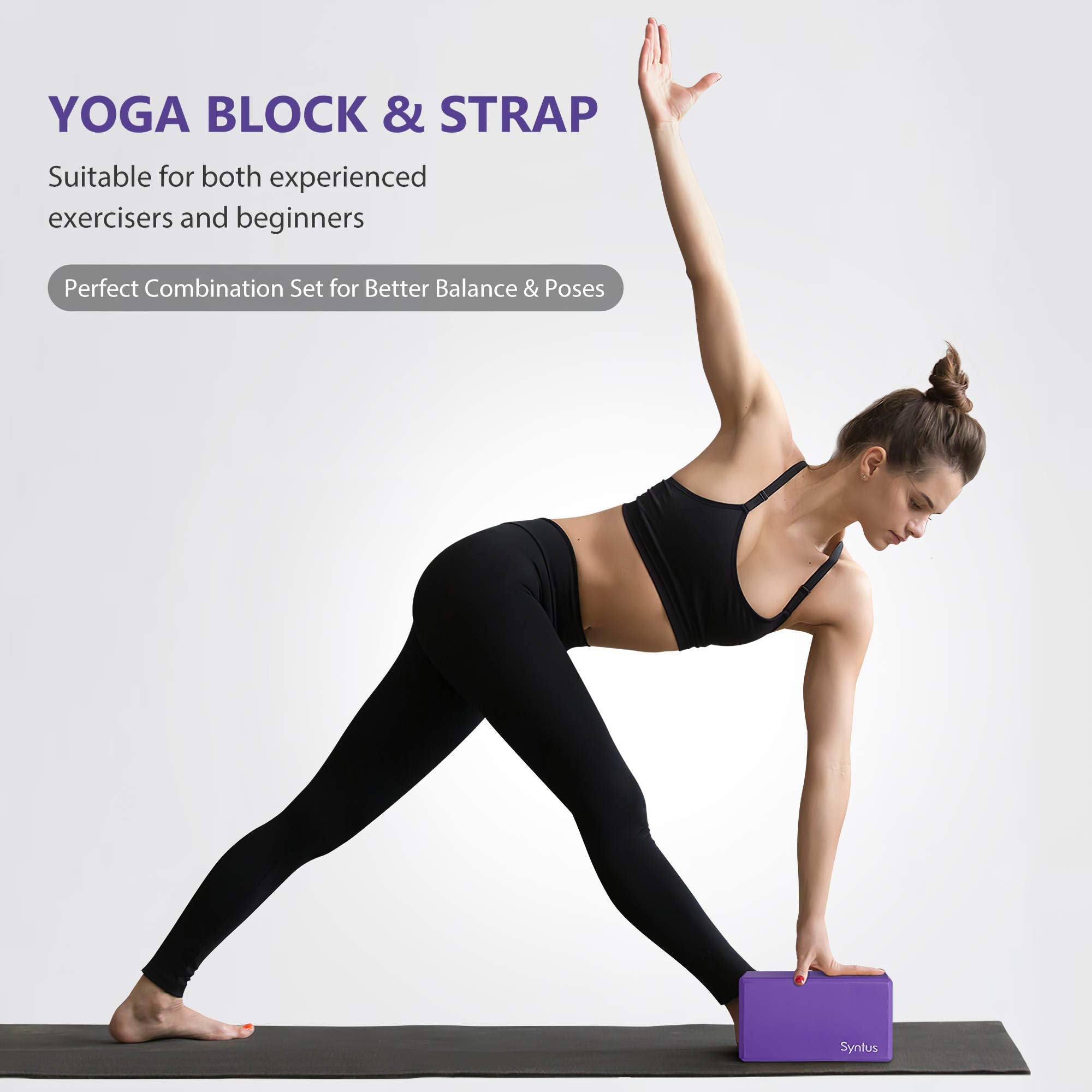 Syntus Yoga Block and Yoga Strap Set, 2 EVA Foam Soft Non-Slip Yoga Blocks 9×6×4 inches, 8FT Metal D-Ring Strap for Yoga, General Fitness, Pilates, Stretching and Toning, Purple