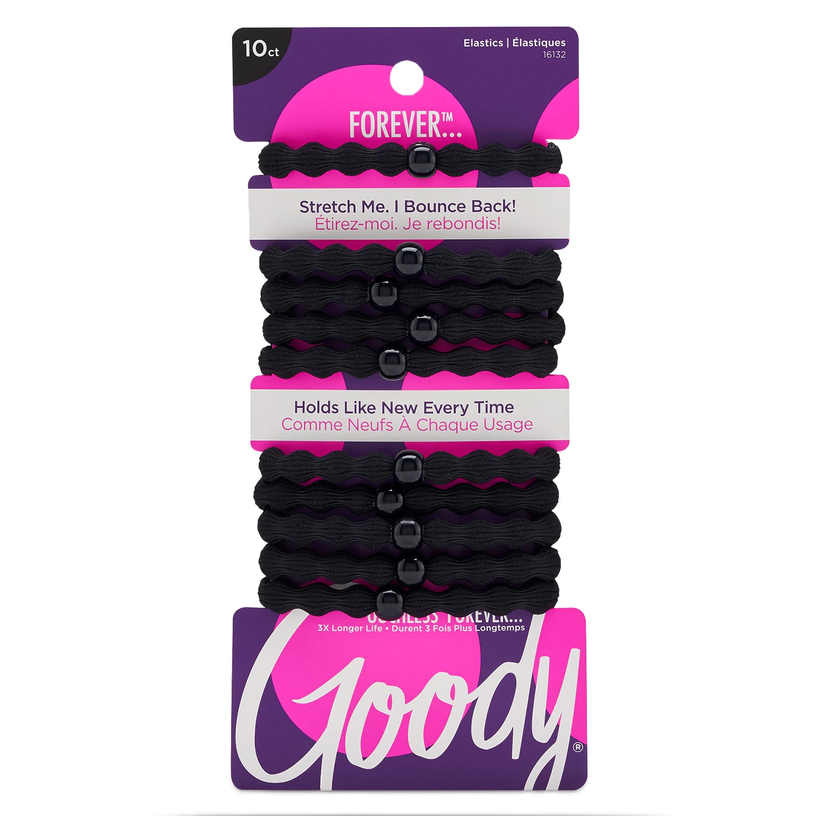 Goody Ouchless Forever Hair Elastics - 10 Ct, Black, Damage-Free Bands, 3X Stronger Hair Ties, Retainable Shape, 16 Strand Inner Core, Hair Accessories for Women & Men, All Hair Types