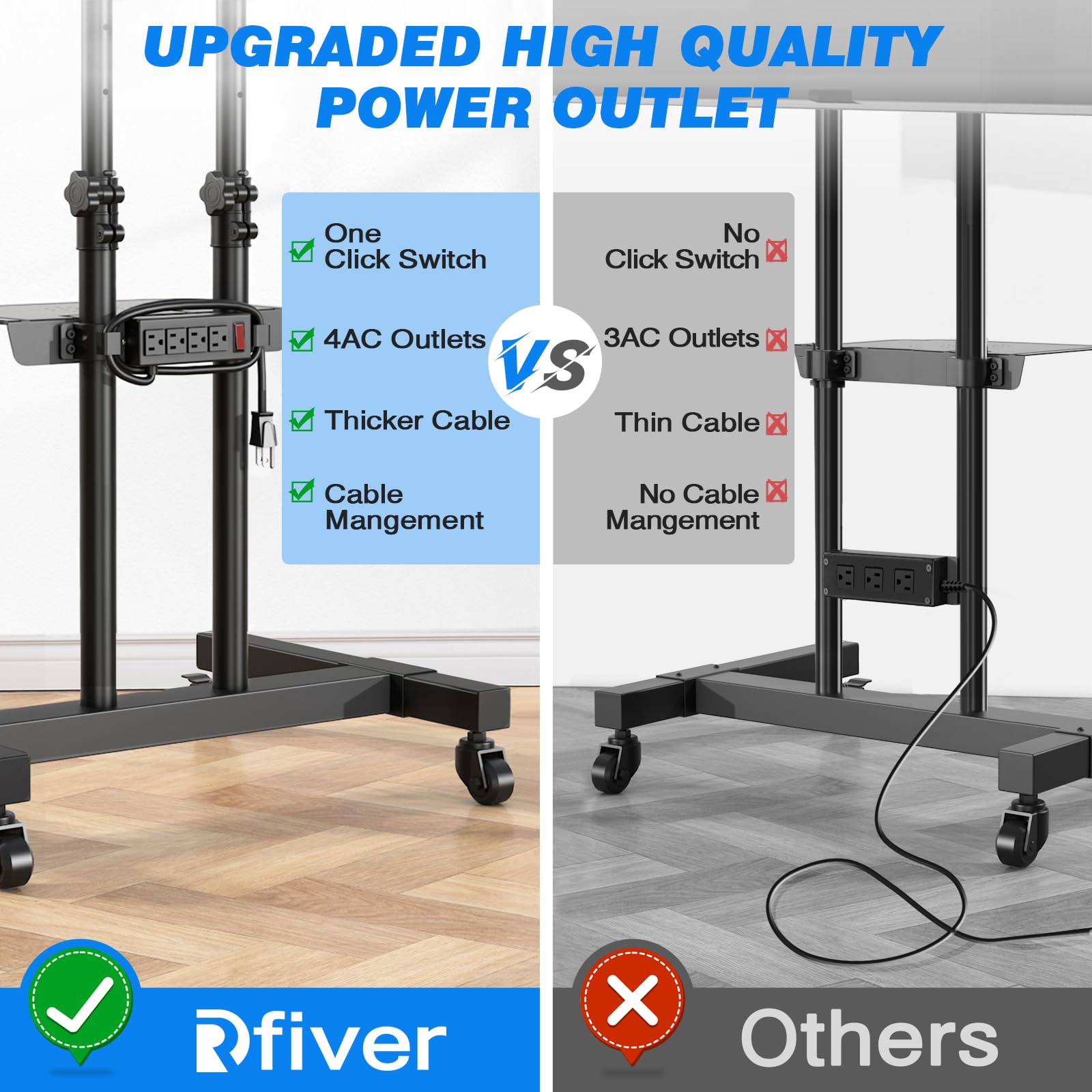 Rfiver Upgraded Mobile TV Stand with Power Outlet for 32-85 Inch TVs, Heavy Duty Rolling TV Cart on Wheels up to 132 lbs, Height Adjustable Portable TV Stand with AV Shelf for Bedroom, Home, Office