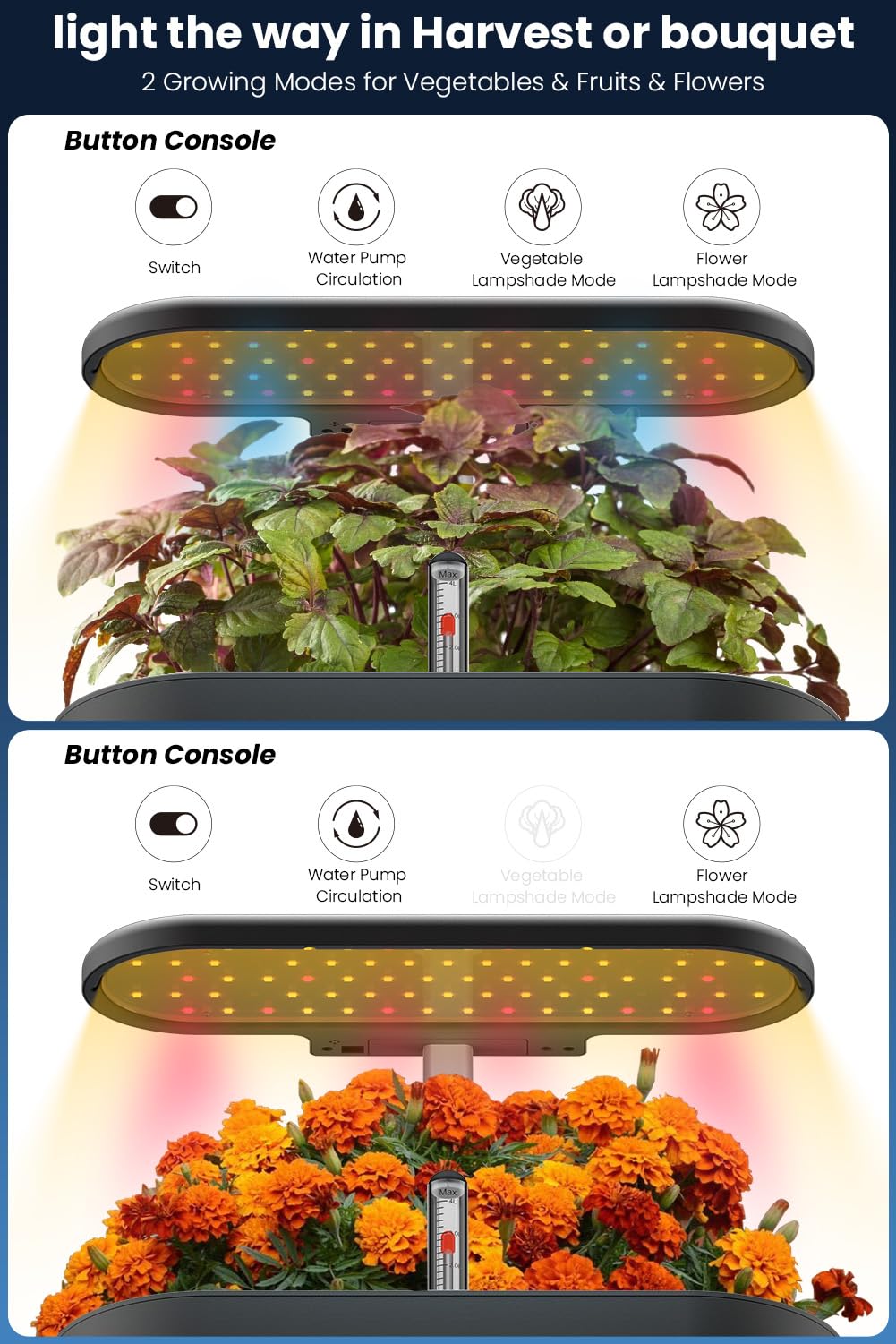 inbloom 12 Pods Hydroponics Growing System Kit, Herb Garden Planter Indoor Kit, Indoor Gardening Hydroponics Growing System with Pods, 4.2L Water Pump, Height Adjustable, Gifts for Woman, Black